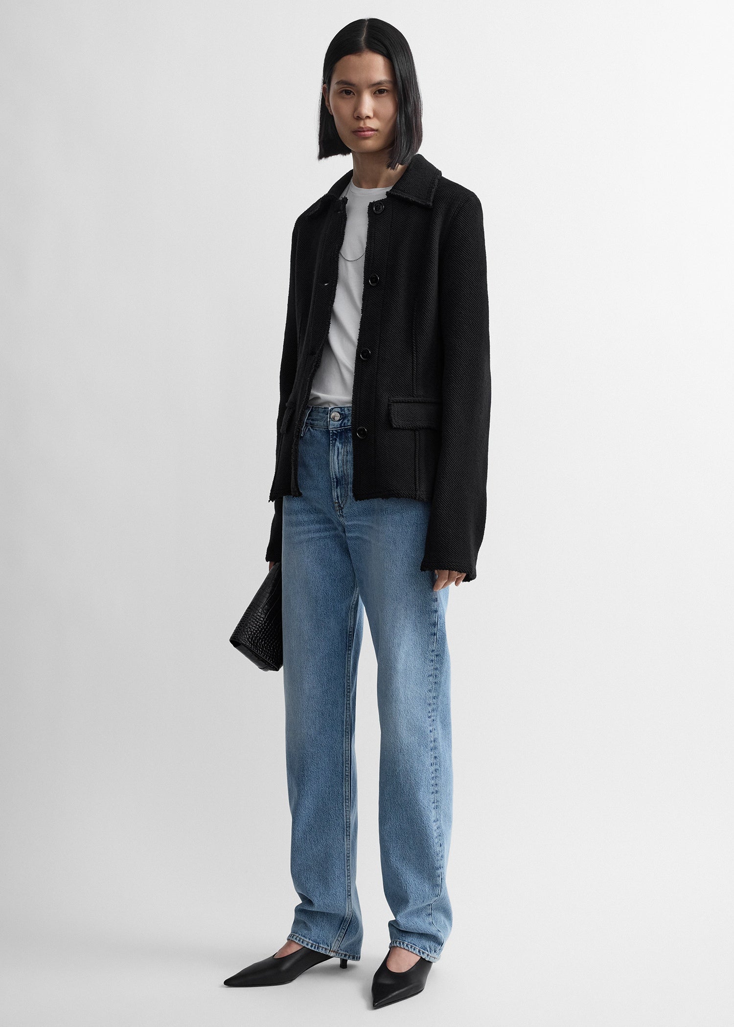 Raw hem cotton jacket black