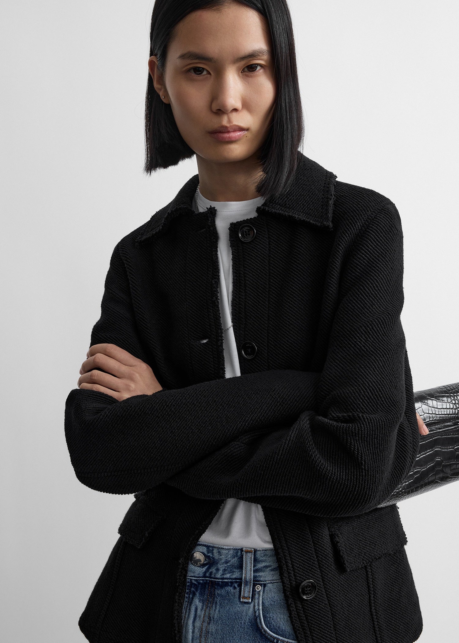 Raw hem cotton jacket black