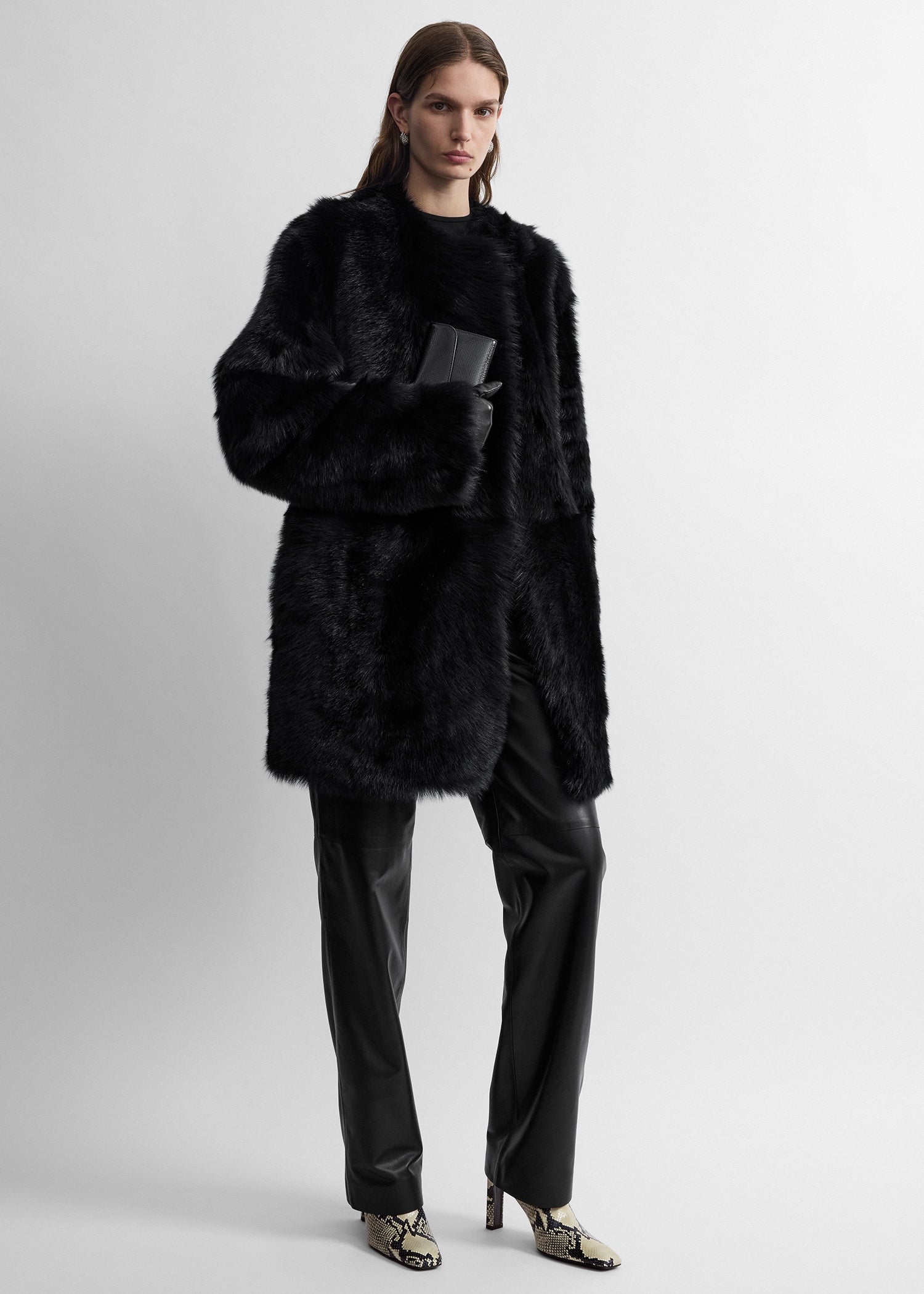 Short silky shearling coat black