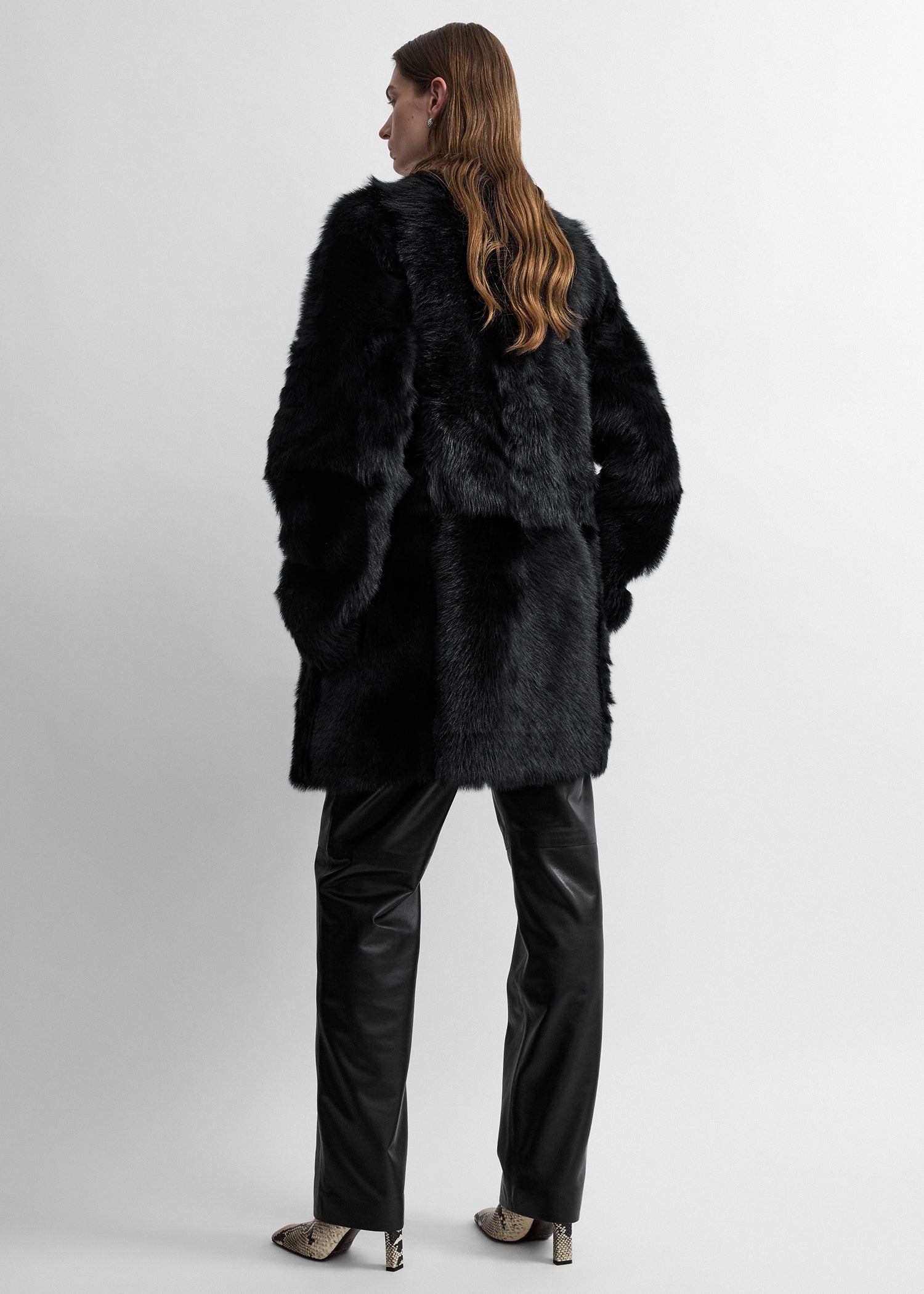 Short silky shearling coat black