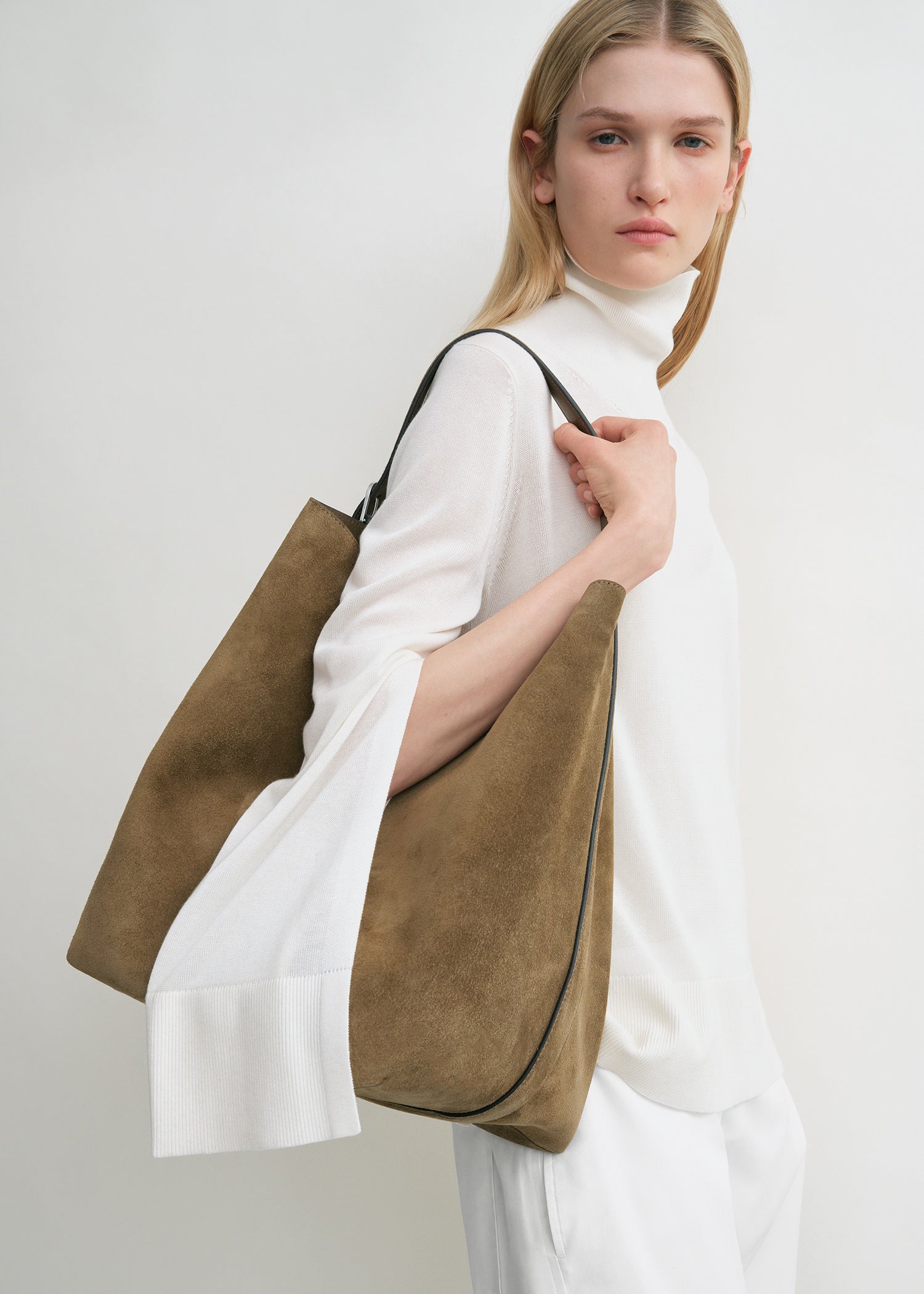 Belted suede tote dark olive