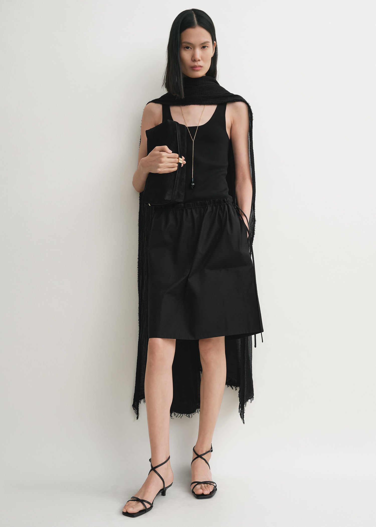 Drawstring poplin mini skirt black