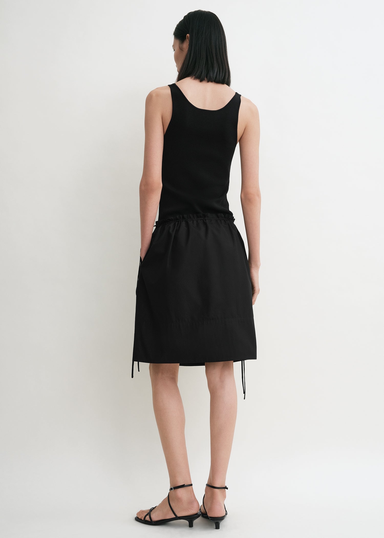Drawstring poplin mini skirt black