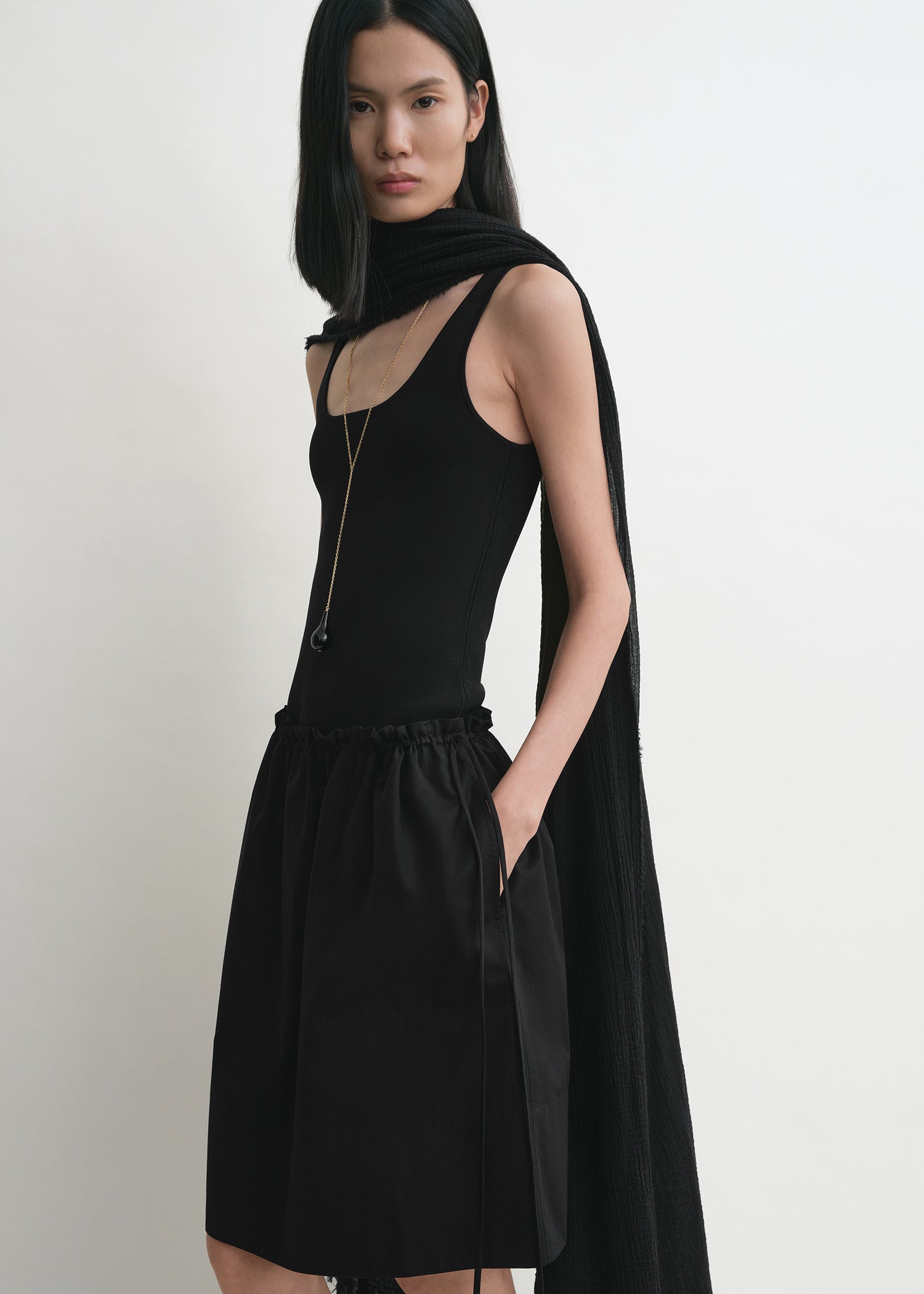 Drawstring poplin mini skirt black