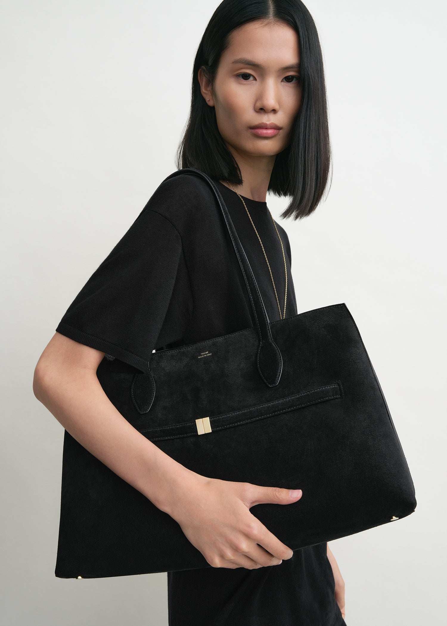 black vegan suede traveller tote bag TOTEME Suede Lounge Tote Bag