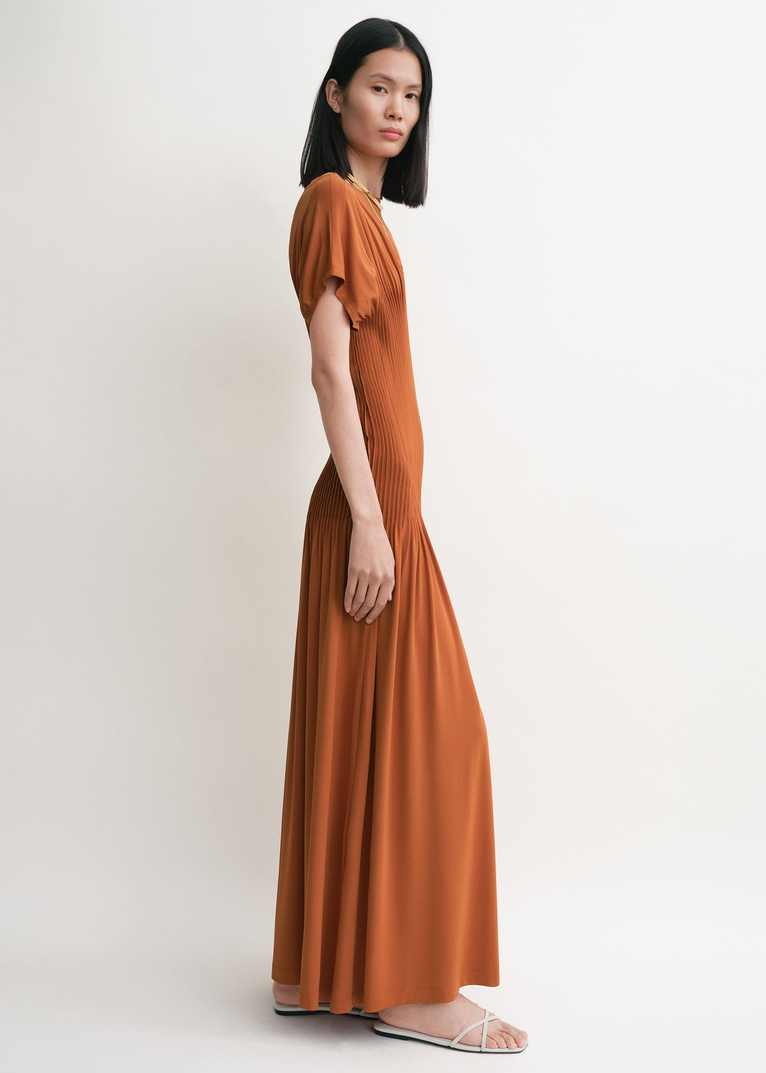 Knife-pleated jersey dress terracotta