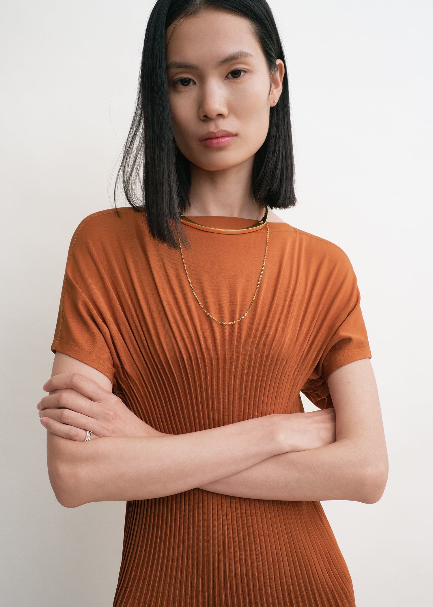 Knife-pleated jersey dress terracotta