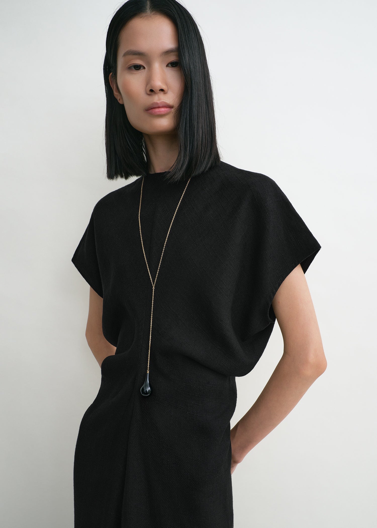 Slouch waist basketweave dress black