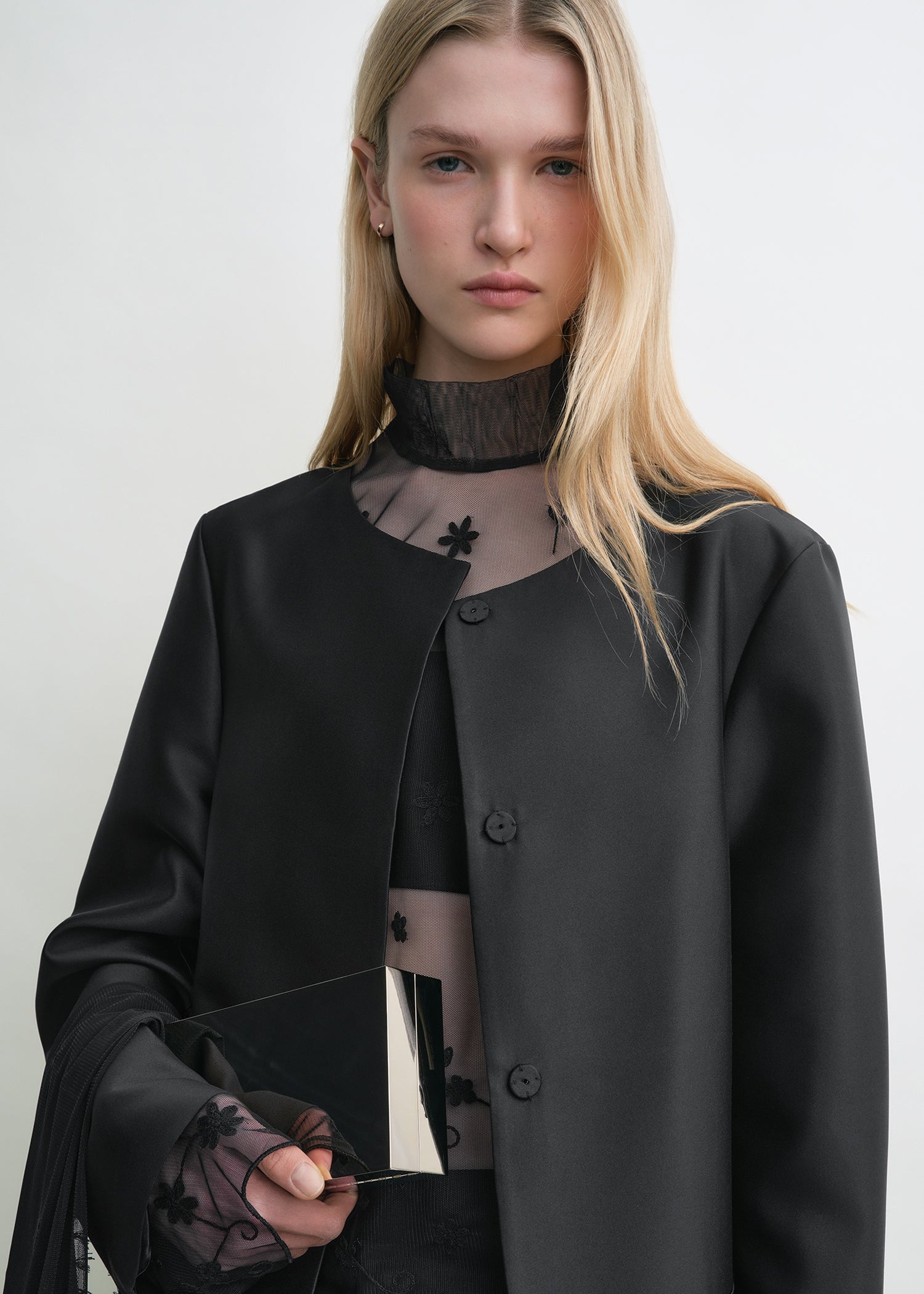 Collarless coat black