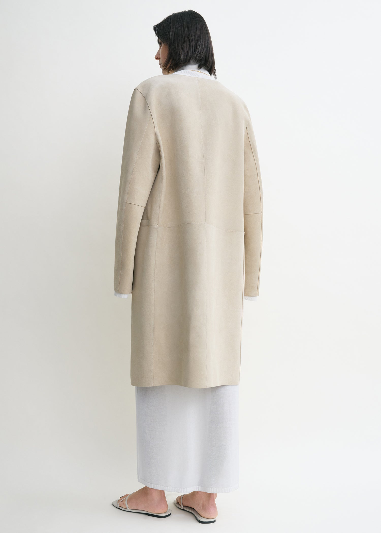 Collarless suede coat peanut