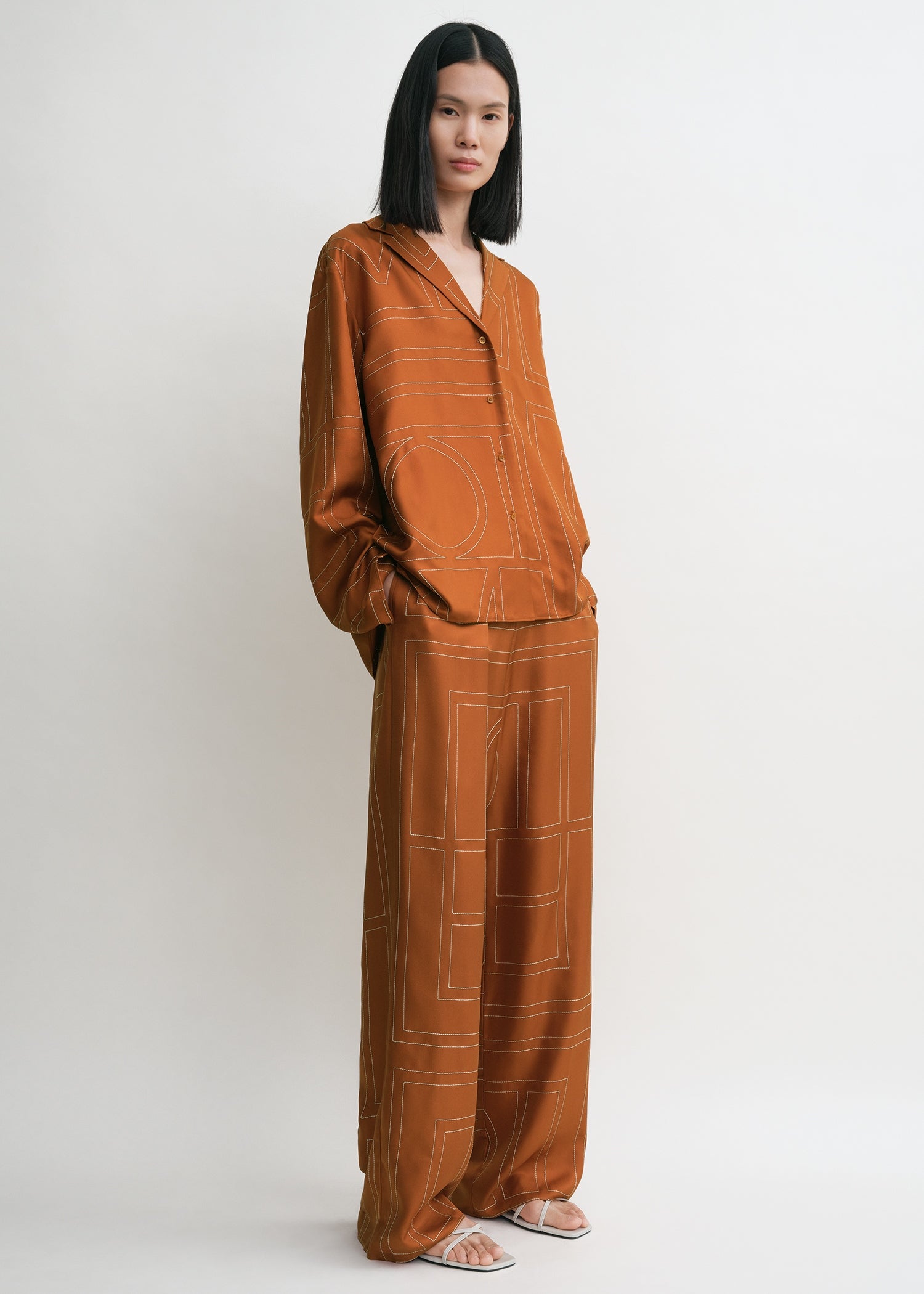Monogram silk pj top terracotta