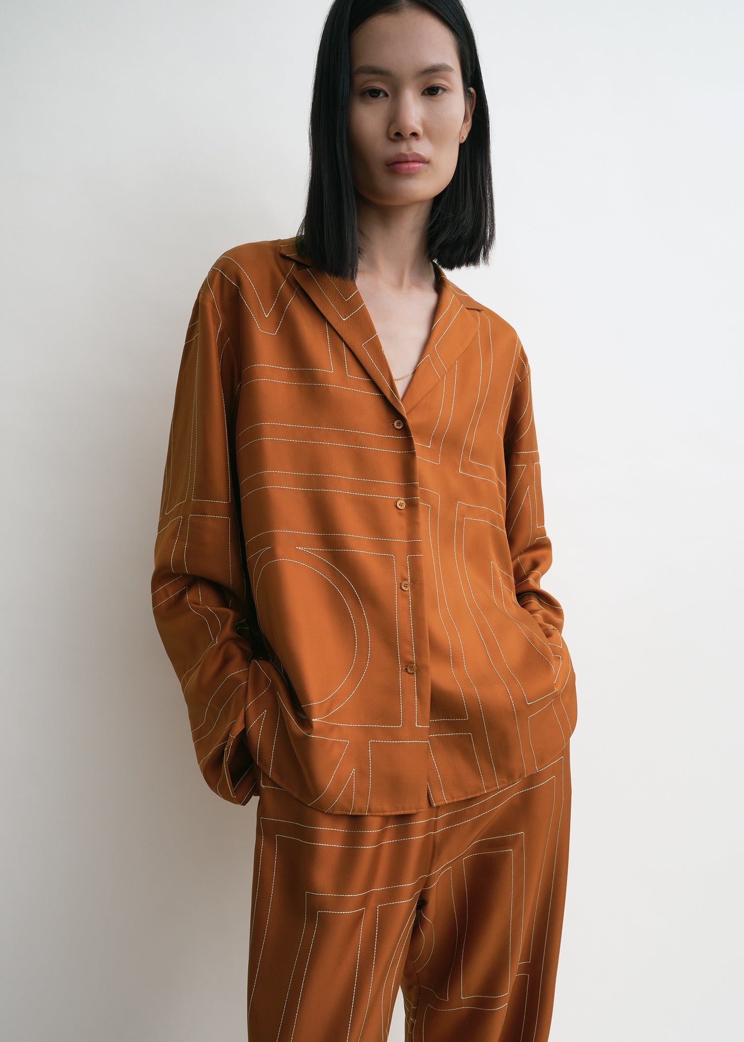 Monogram silk pj top terracotta