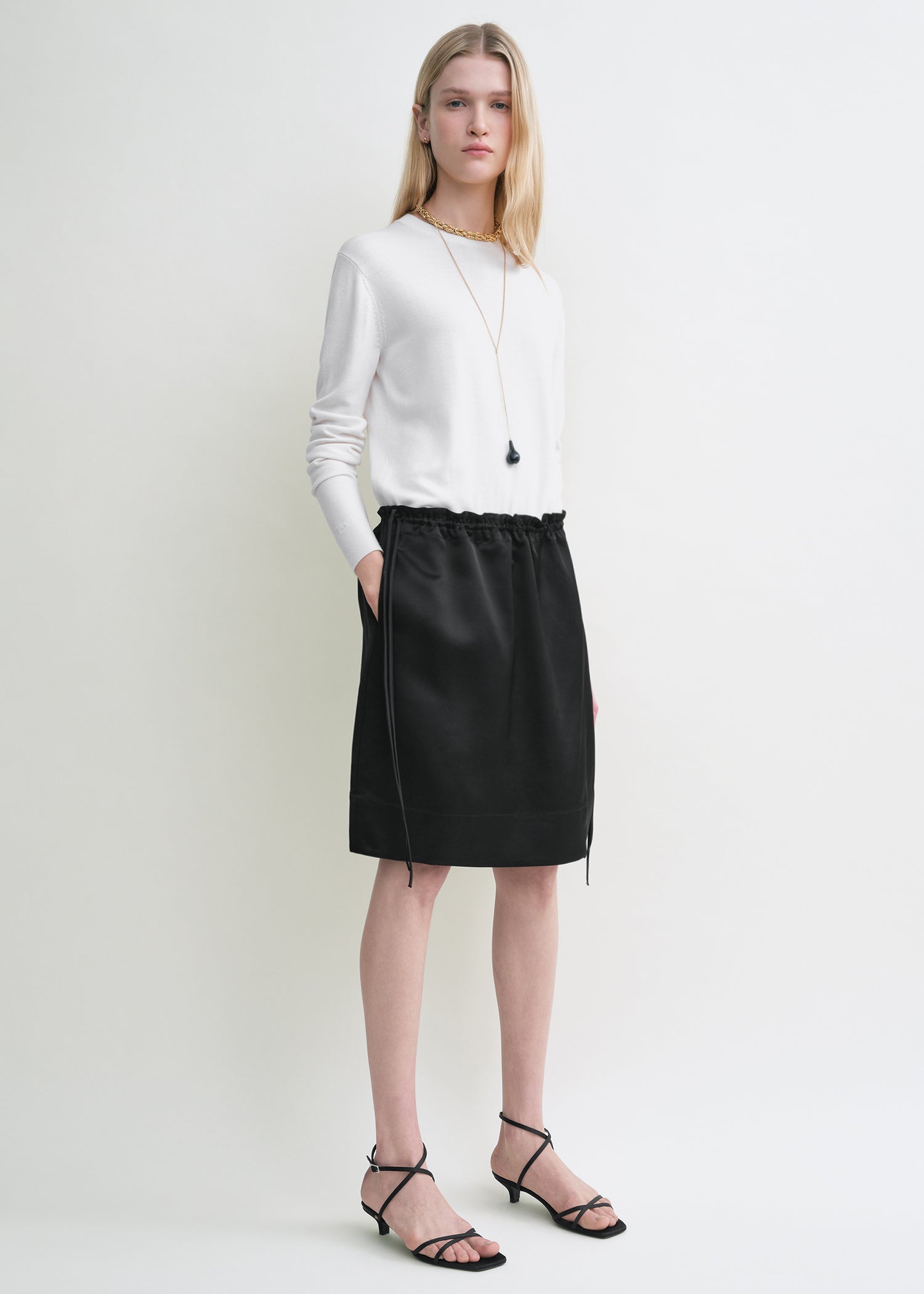 Drawstring satin mini skirt black