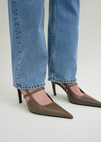 Lizard-embossed stiletto slingbacks dark olive