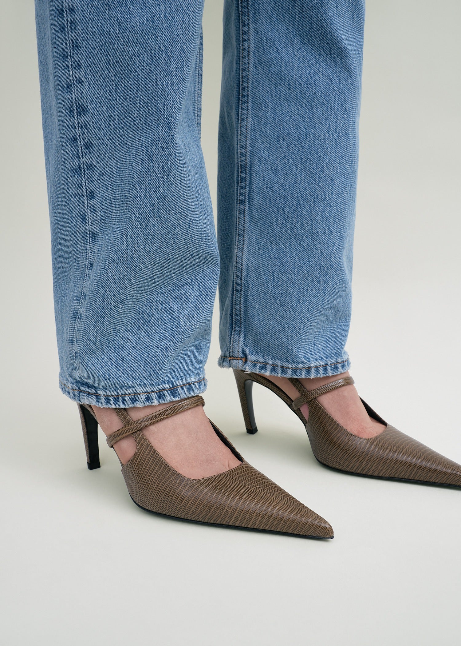 Lizard-embossed stiletto slingbacks dark olive