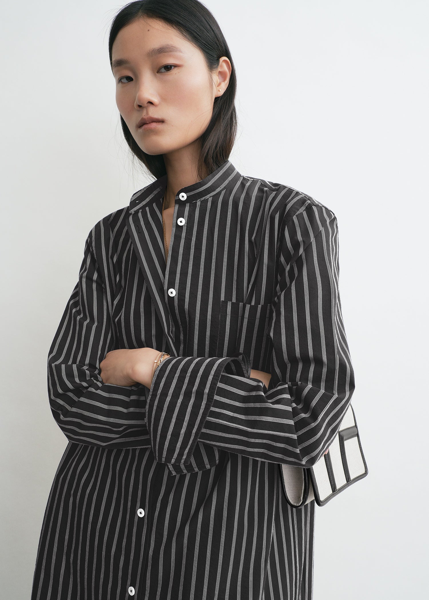 black and white striped shirt dress The Button-Down Shirtdress in Ebony with Stripes this shirtdress offers just the right amount of stretch to keep its shape while allowing you to move comfortably Kenneth Cole | Pinstripe Shirt