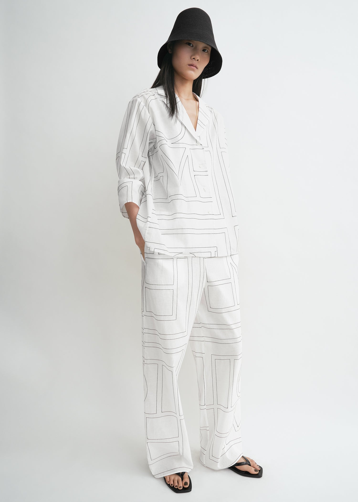 Monogram cotton-blend pj top white/black