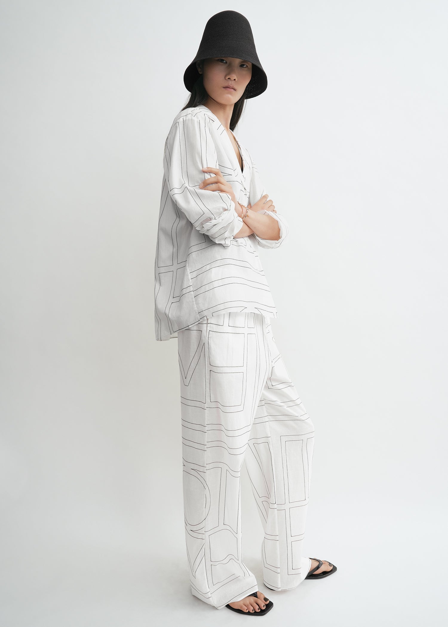 Monogram cotton-blend pj top white/black