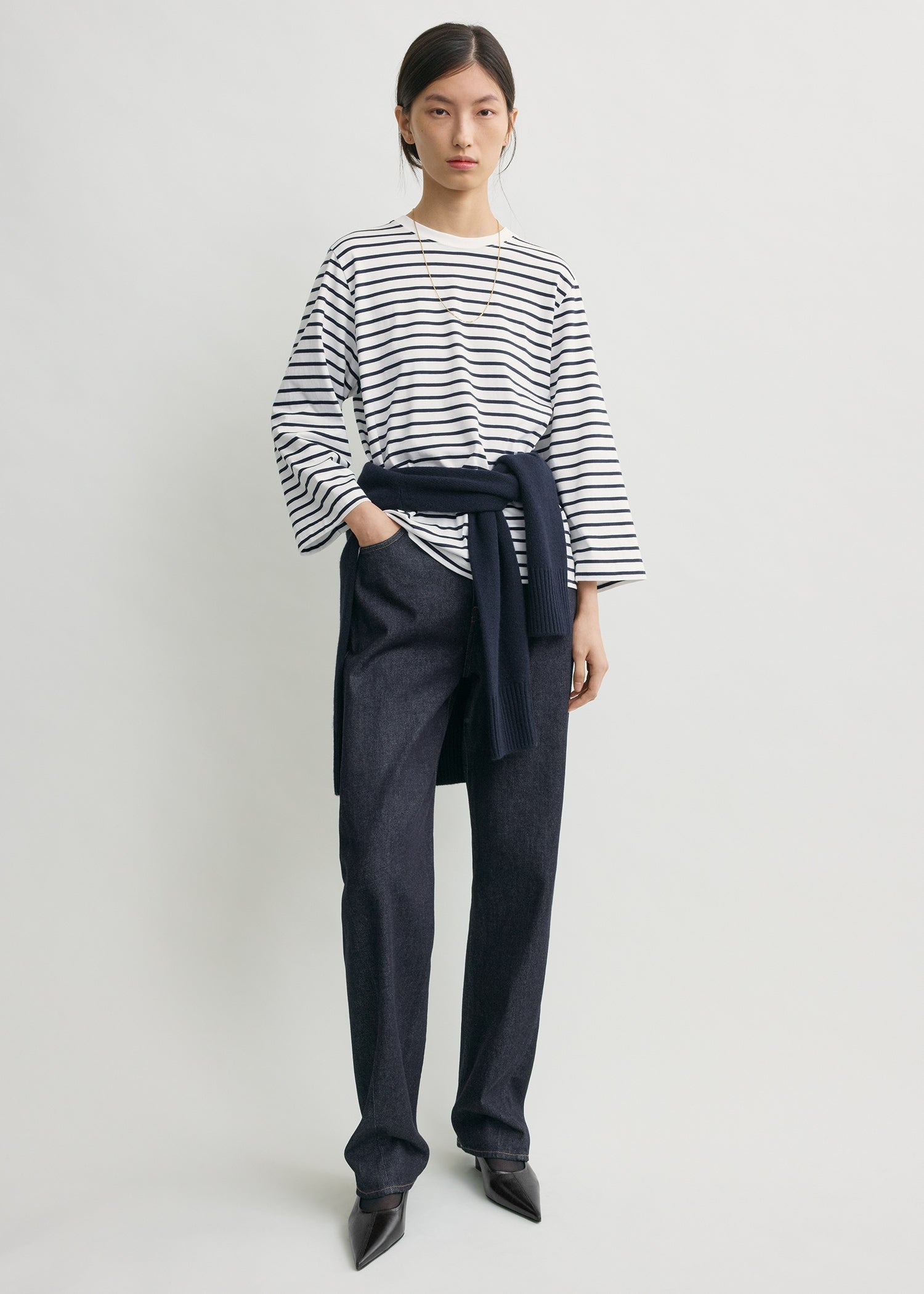 Striped wide-sleeve tee navy/white from Toteme - $220