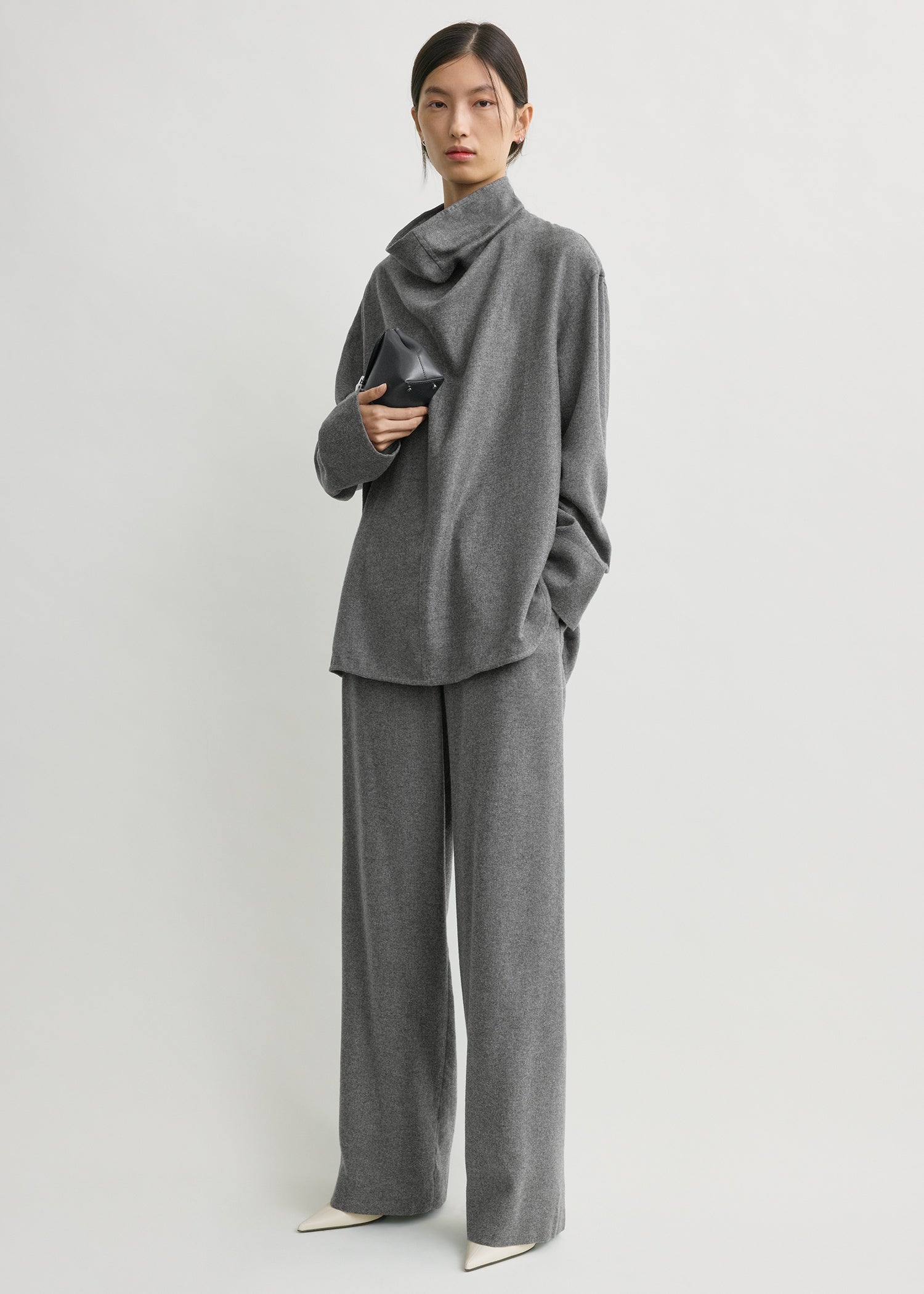 Funnel-neck flannel top grey petite