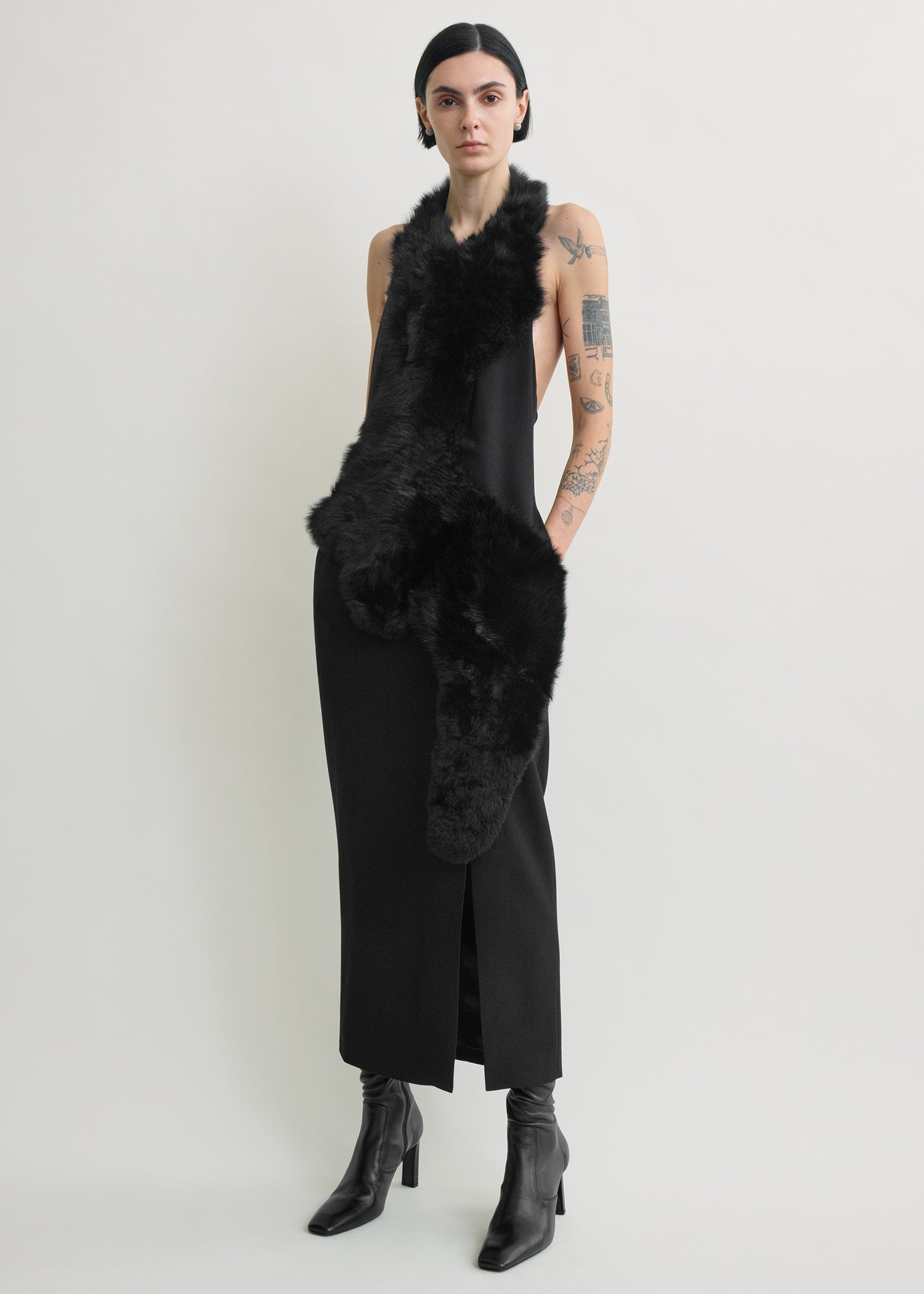 Shearling appliqué dress black