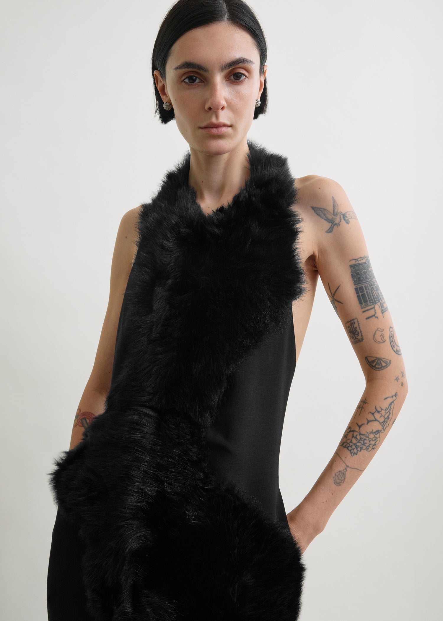 Shearling appliqué dress black