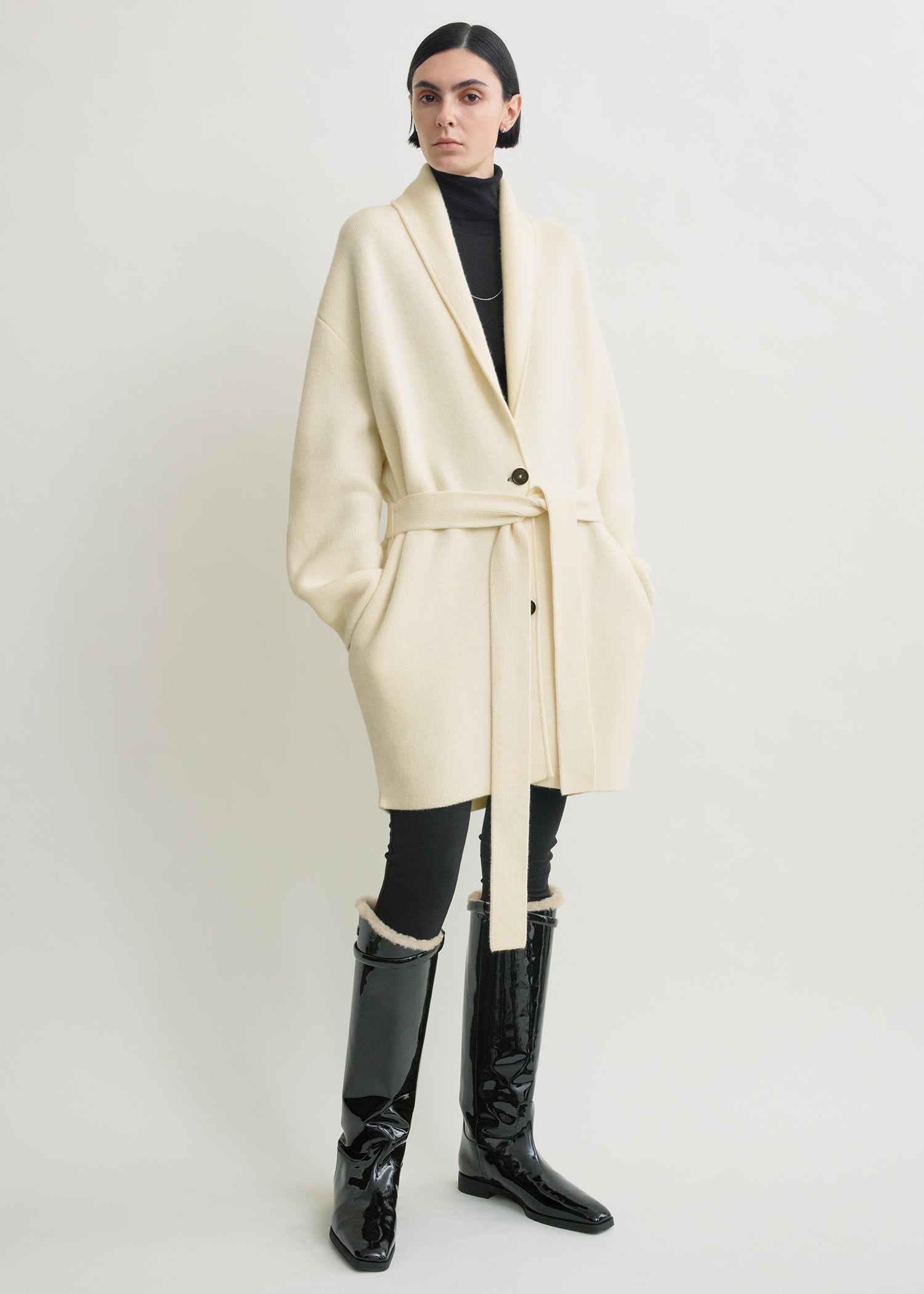 Shawl-lapel cashmere-wool robe ecru
