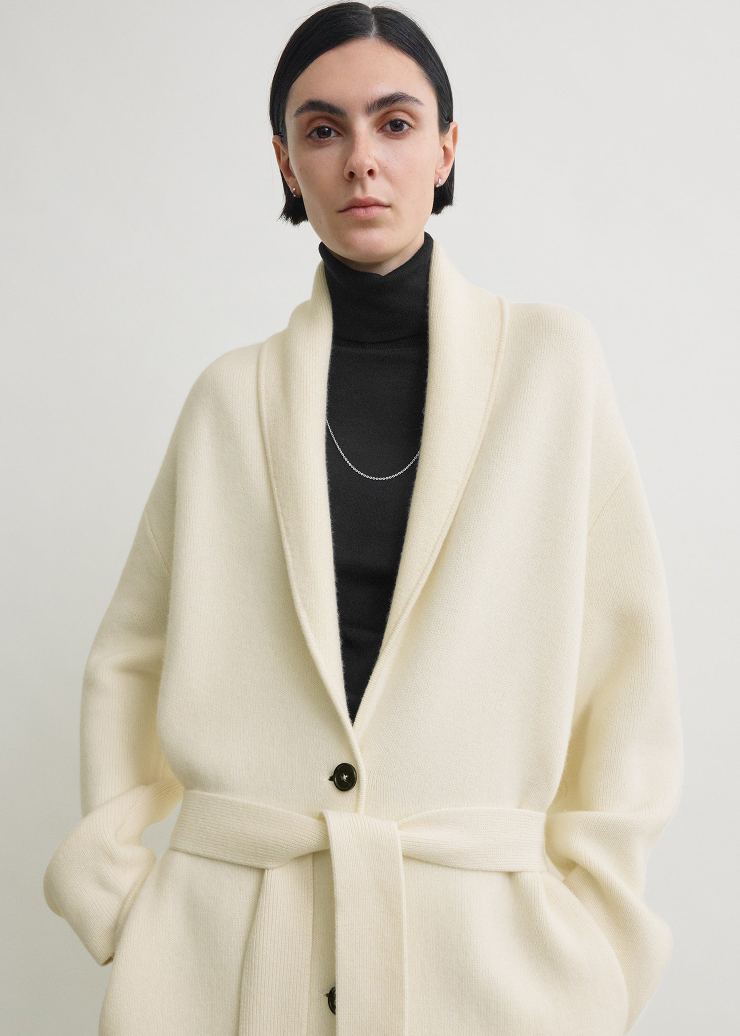 Shawl-lapel cashmere-wool robe ecru