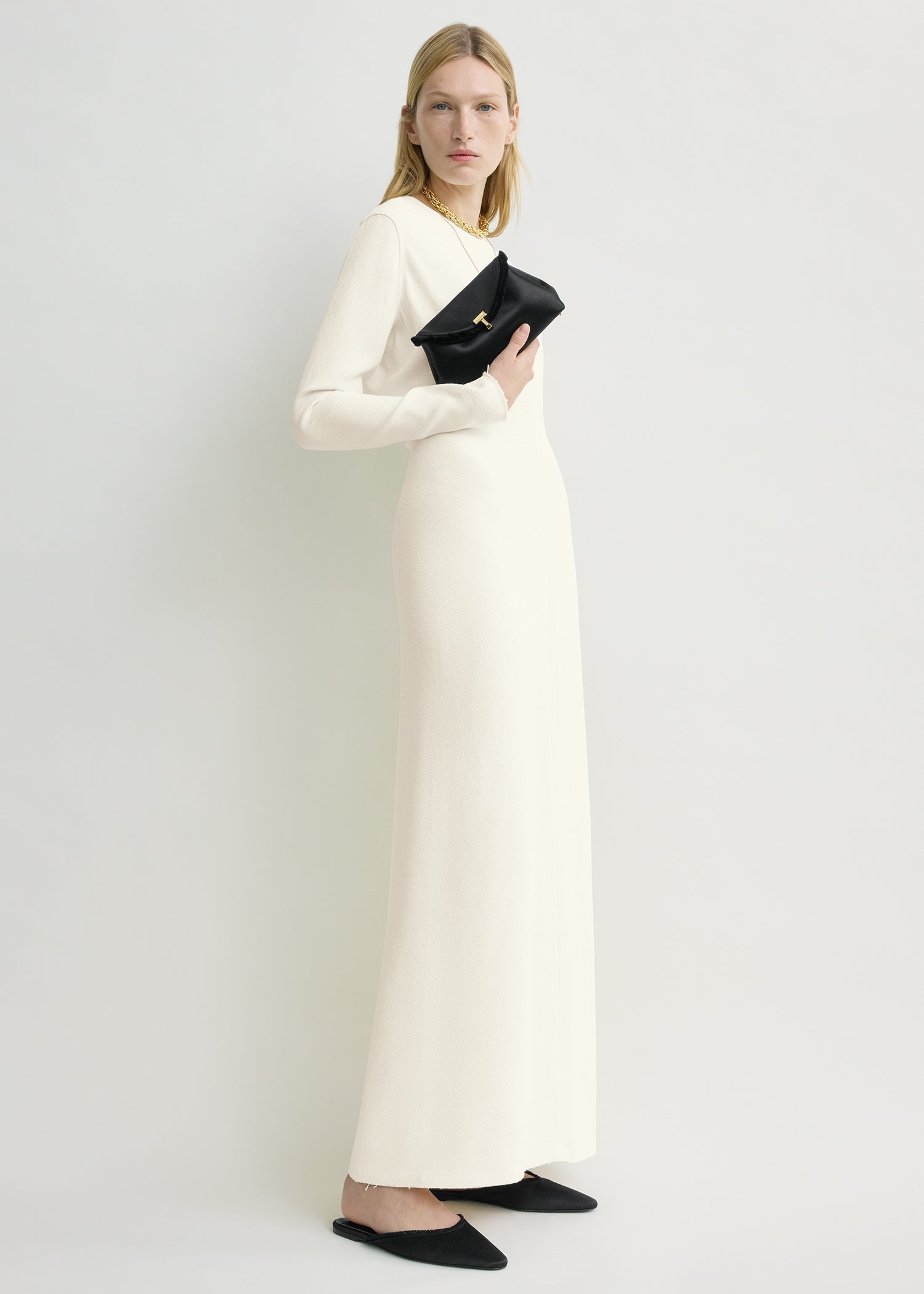 Mini T-lock frayed satin clutch black
