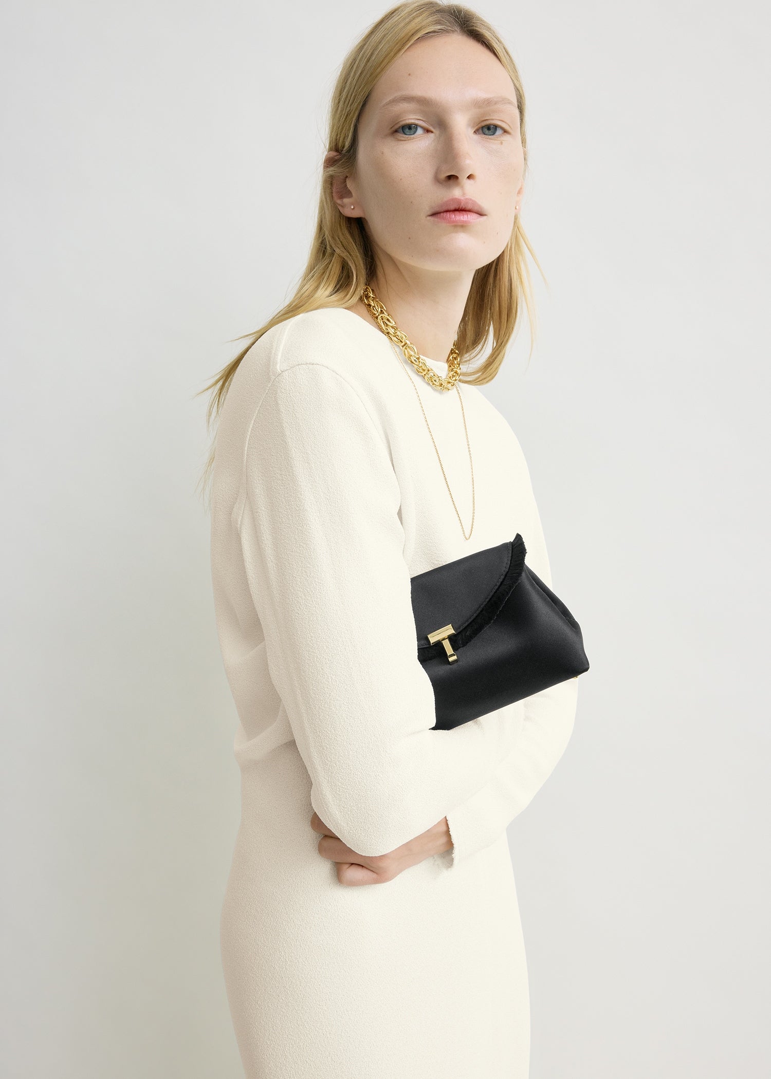 Mini T-lock frayed satin clutch black