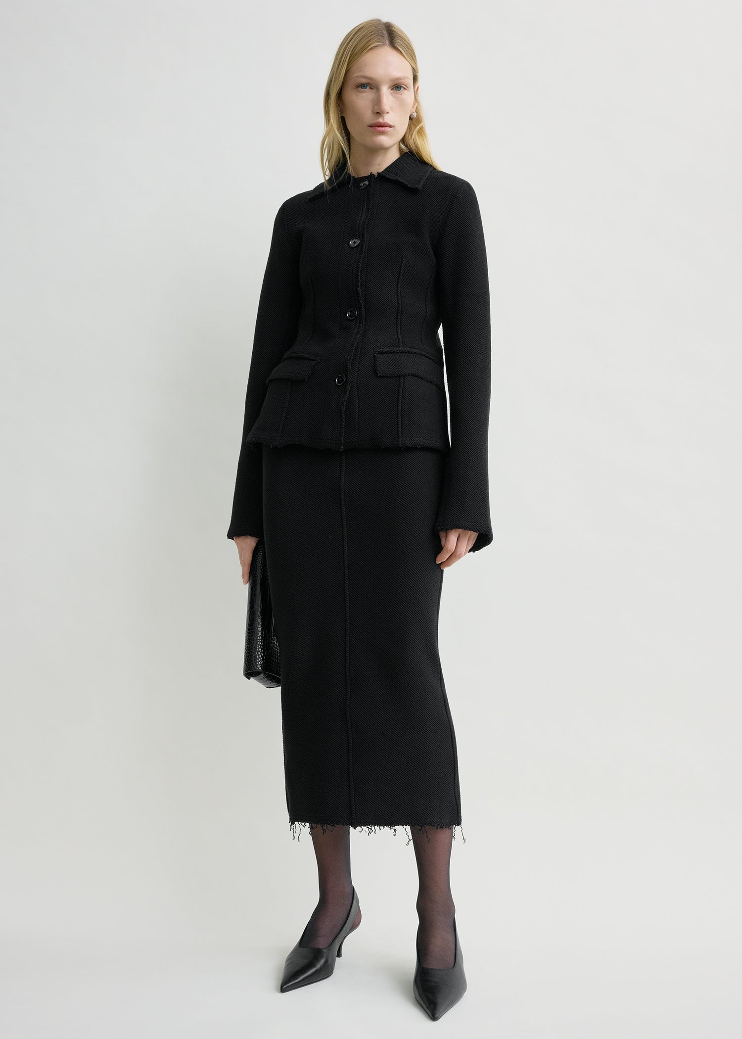 Raw hem cotton jacket black