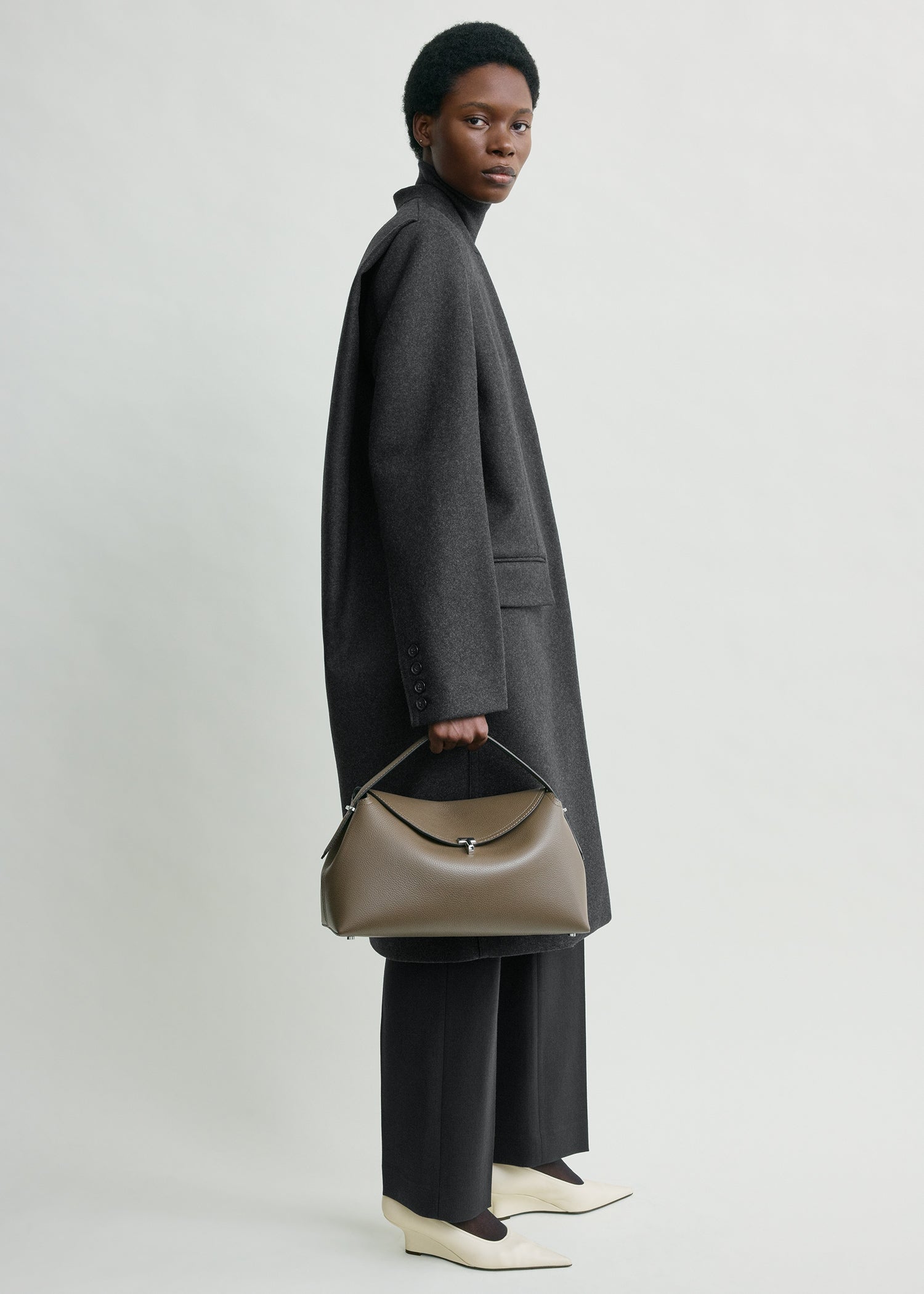 T-lock grained-leather top handle dark taupe
