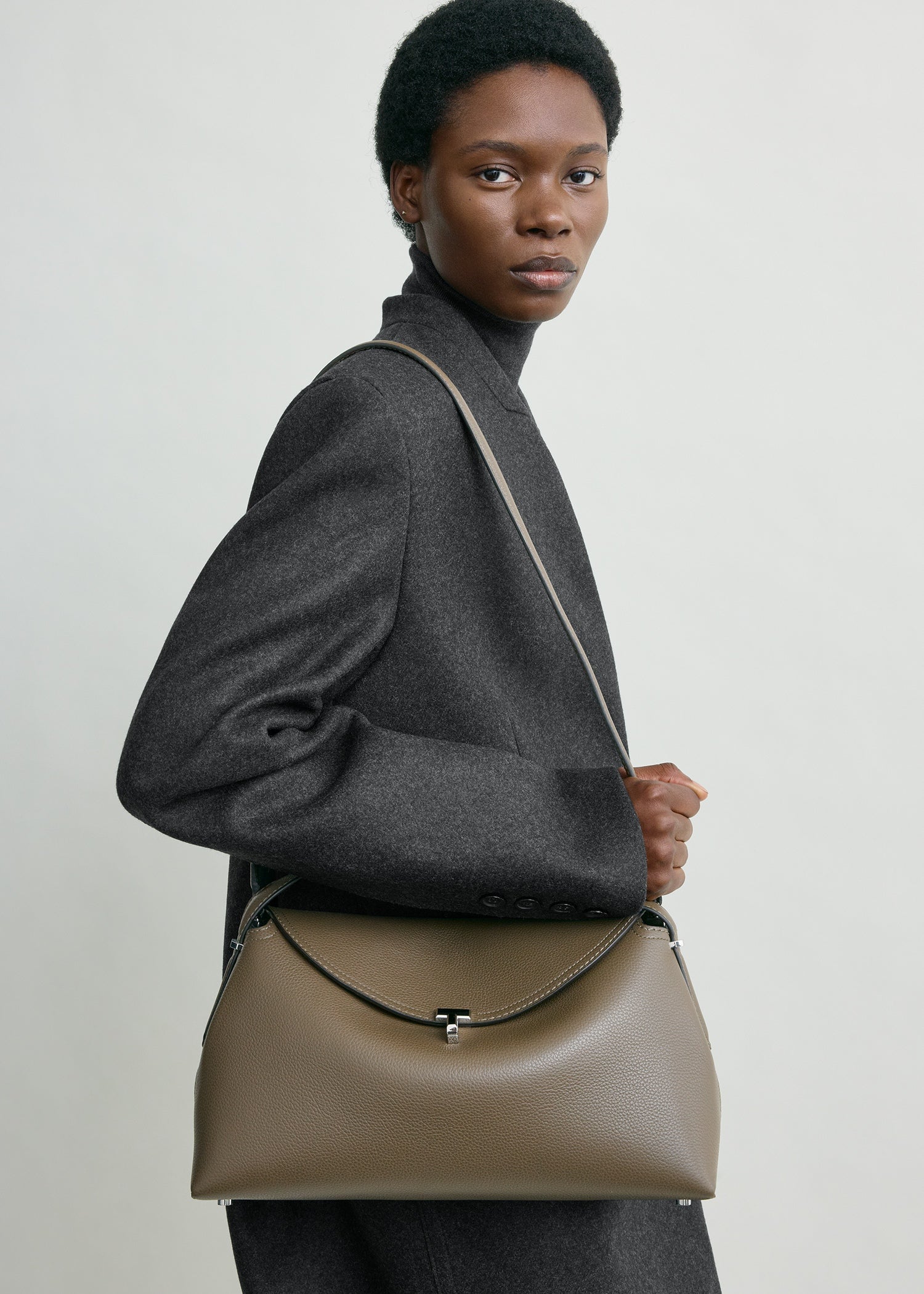 T-lock grained-leather top handle dark taupe