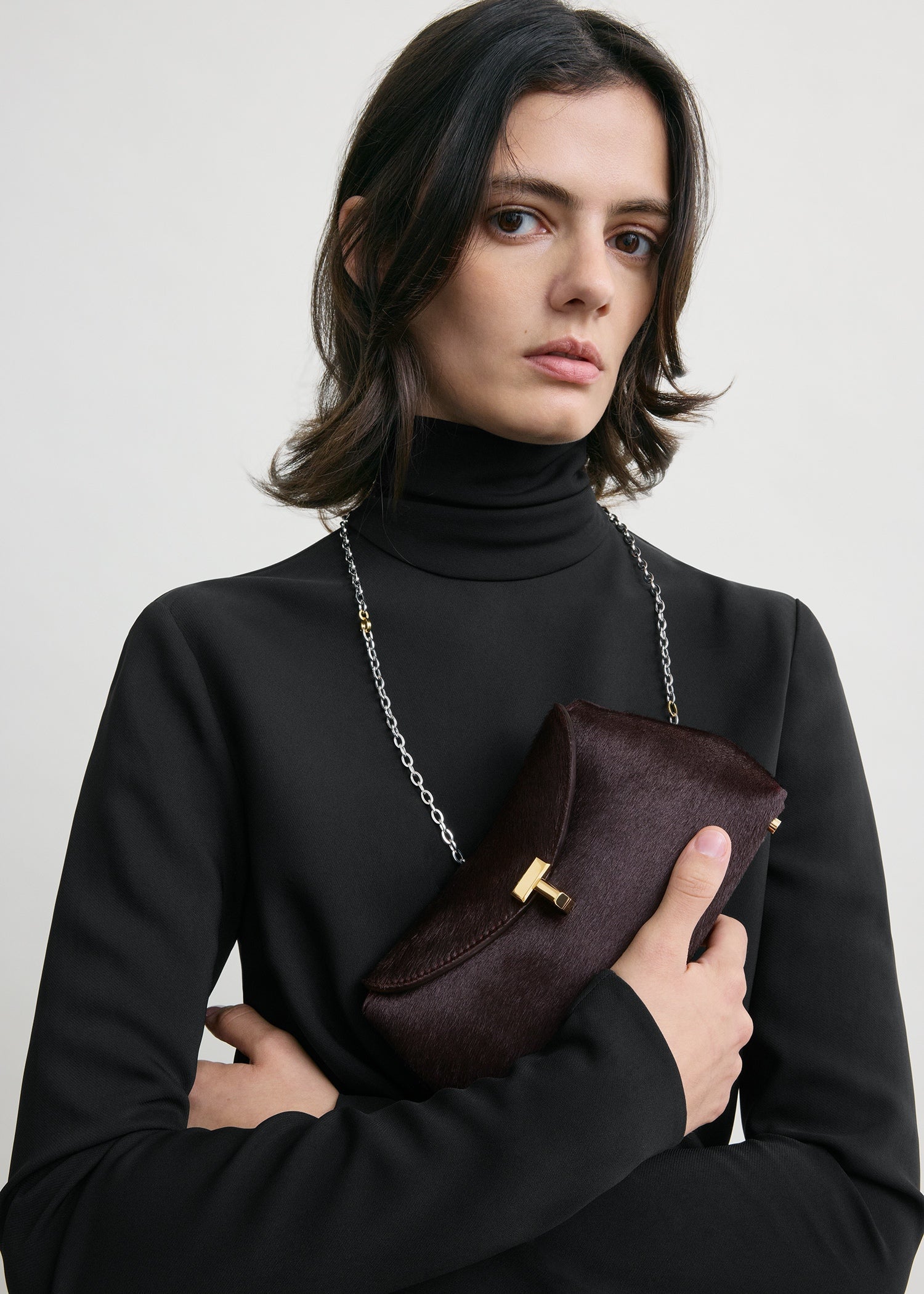 Mini T-lock pony hair clutch wine