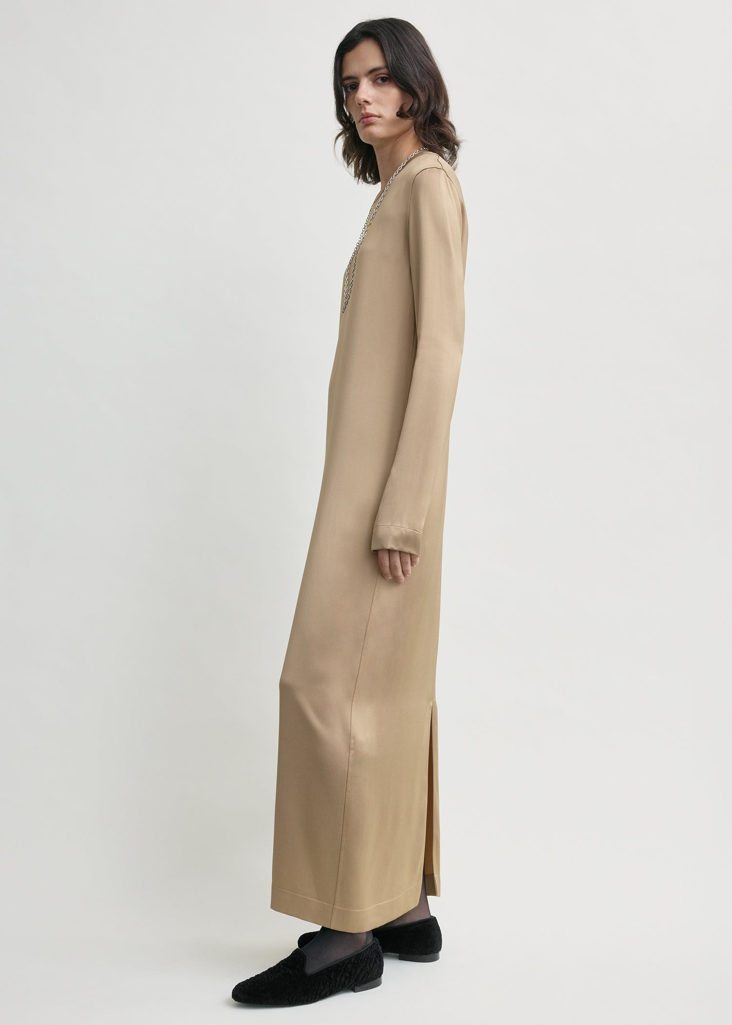 Long satin dress latte