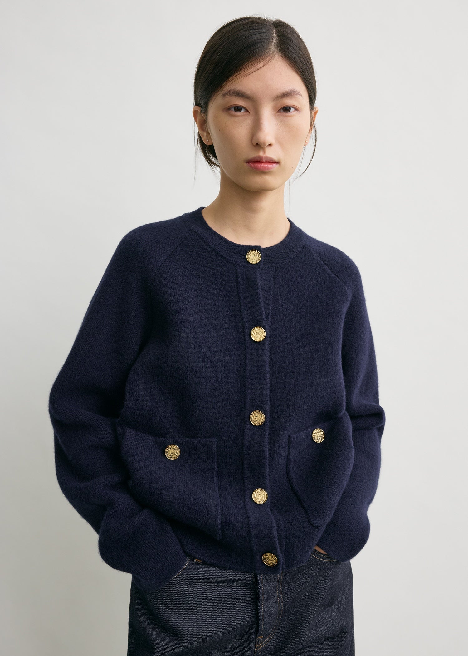 Hammered button cardigan navy