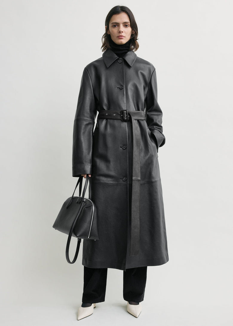 Belted leather coat black