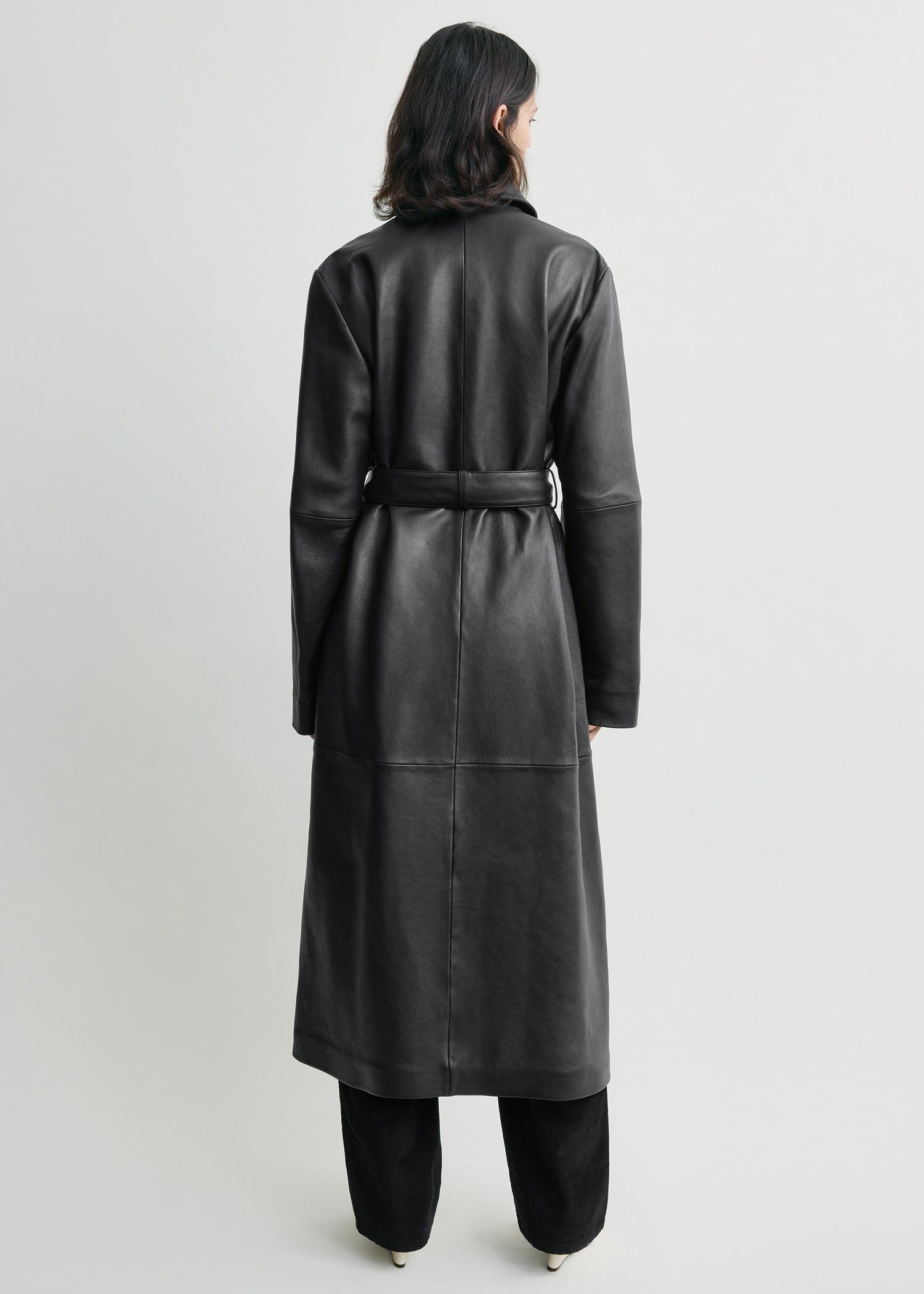 Belted leather coat black