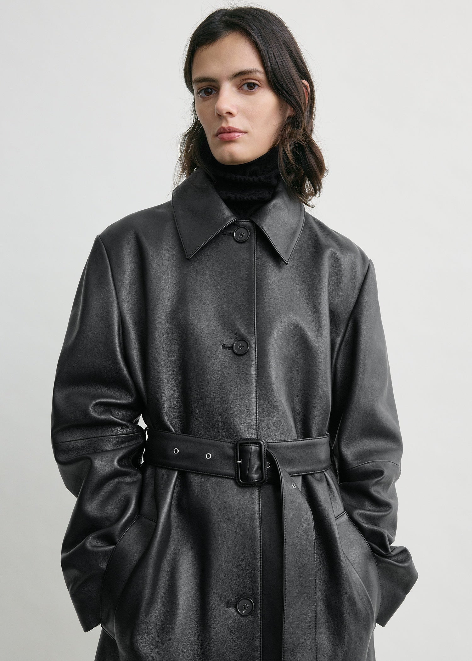 Belted leather coat black
