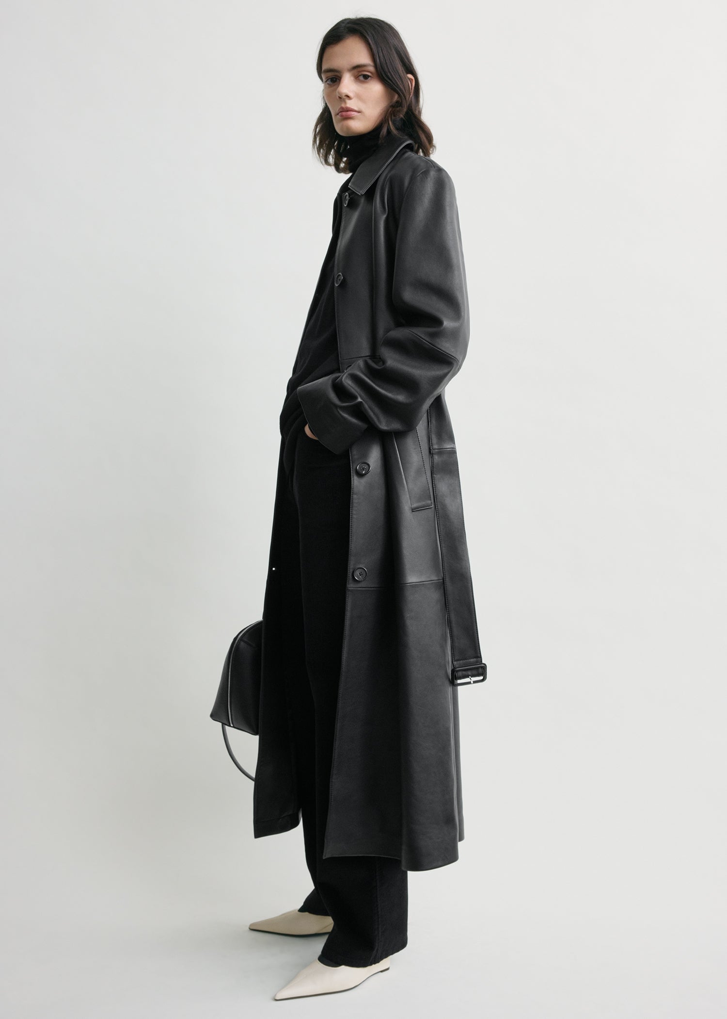 Belted leather coat black