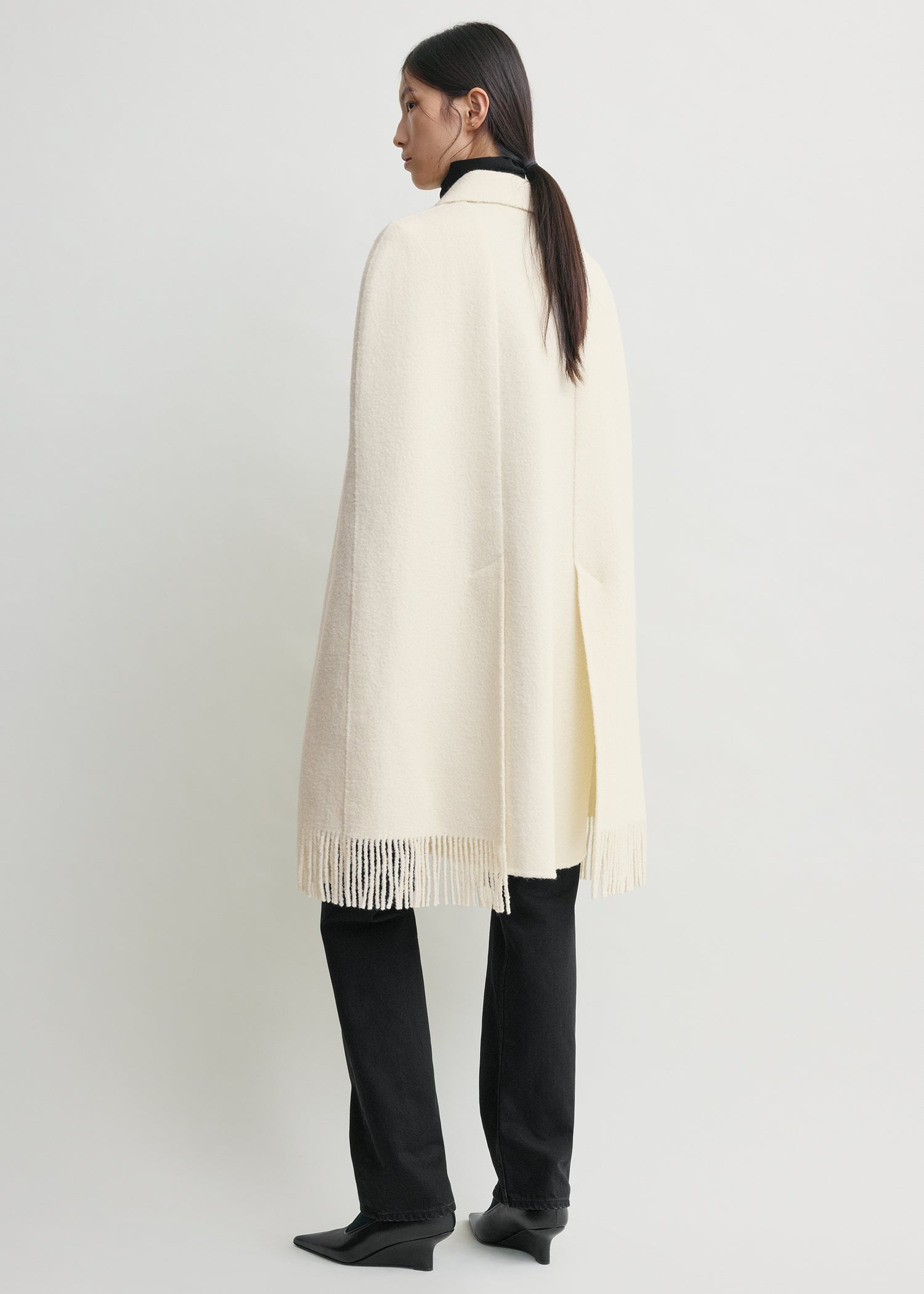 Fringe cape coat winter white