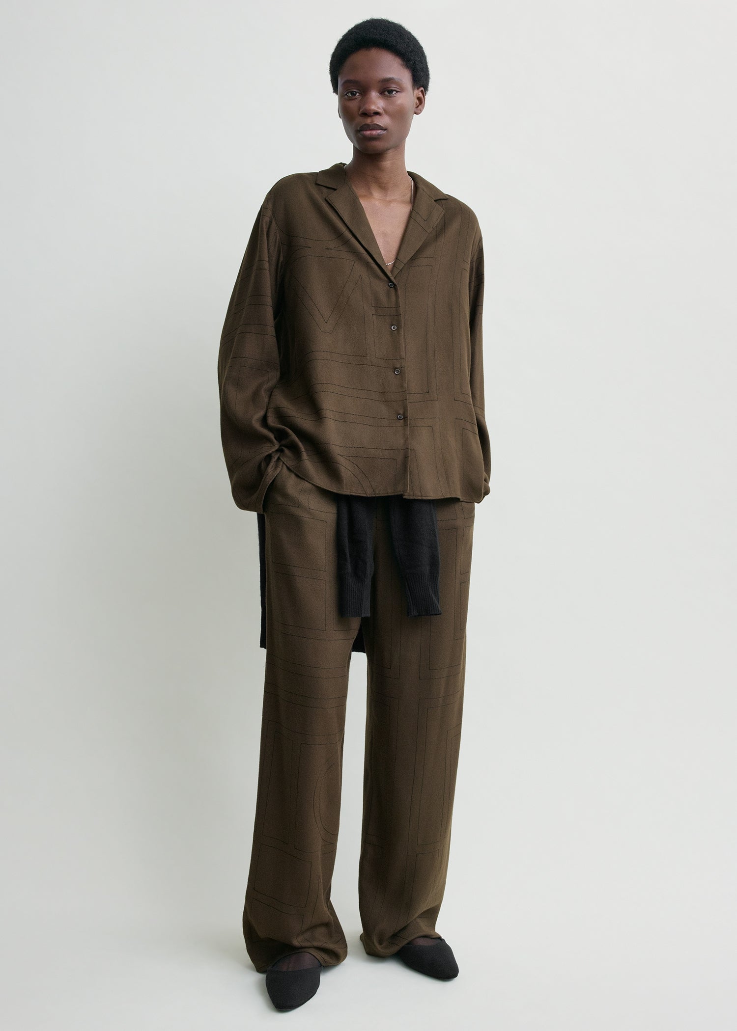 Monogram flannel pj top dark brown from Toteme - $620