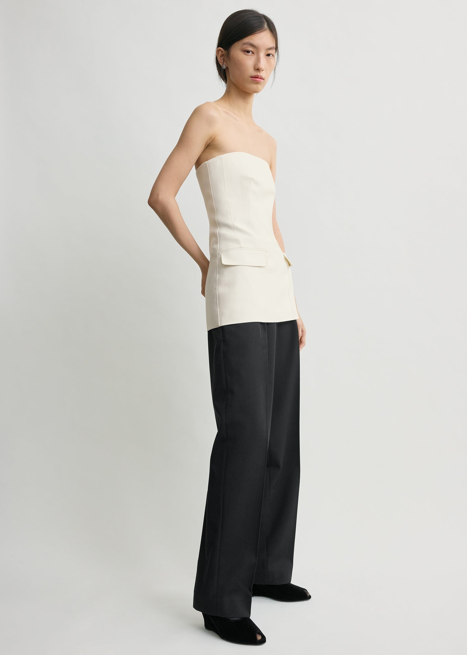Strapless crepe pocket top ecru