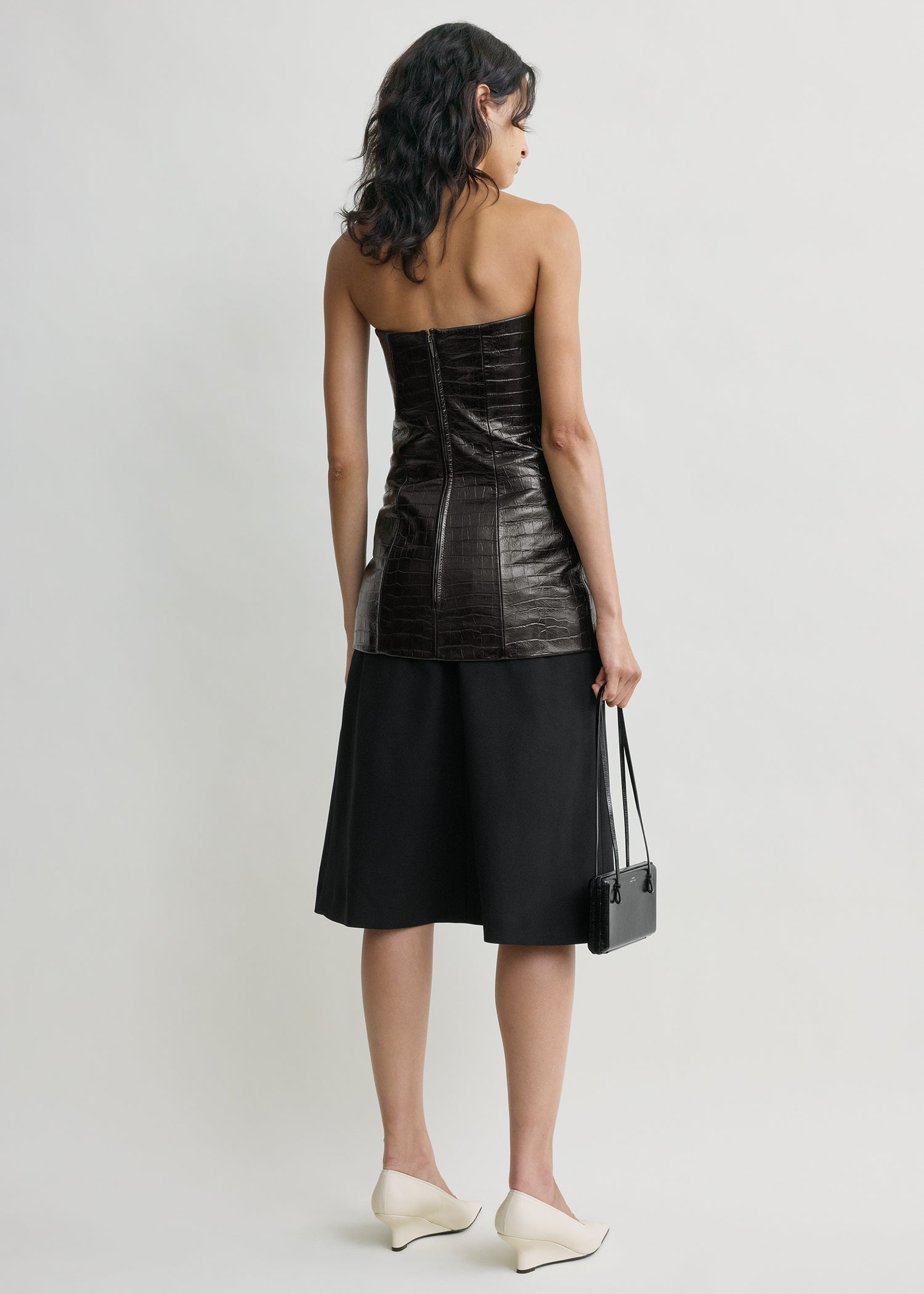 Strapless croco-embossed pocket top dark brown