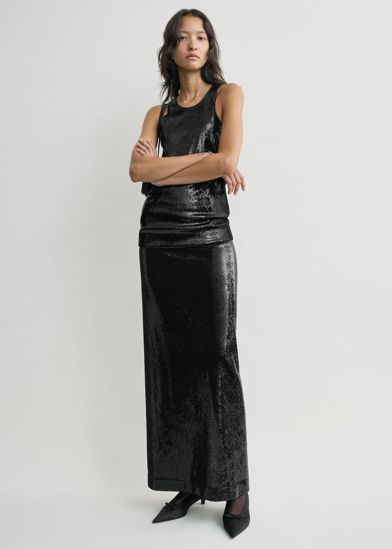 Curved sequin tank black