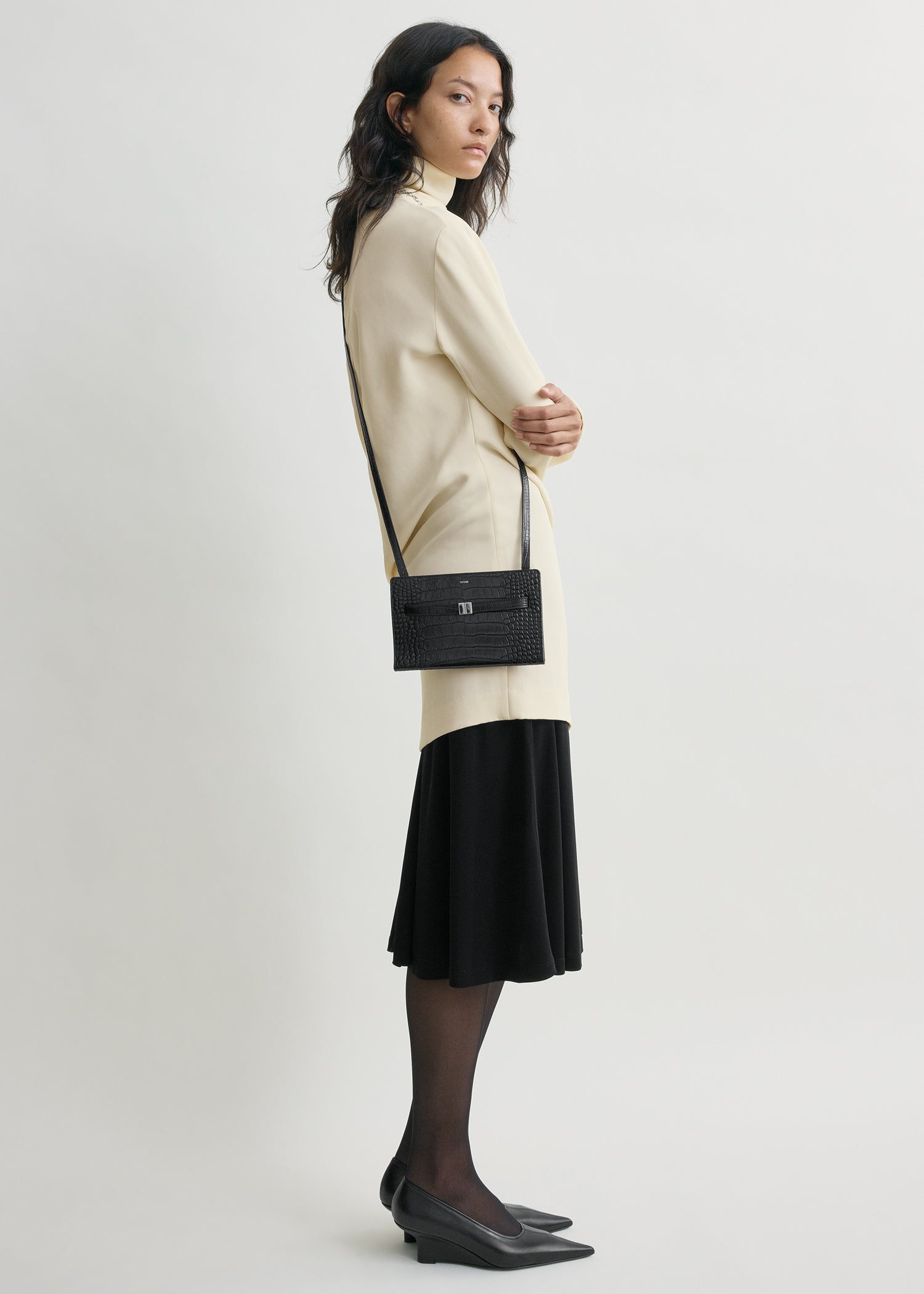 Belted croco-embossed crossbody black