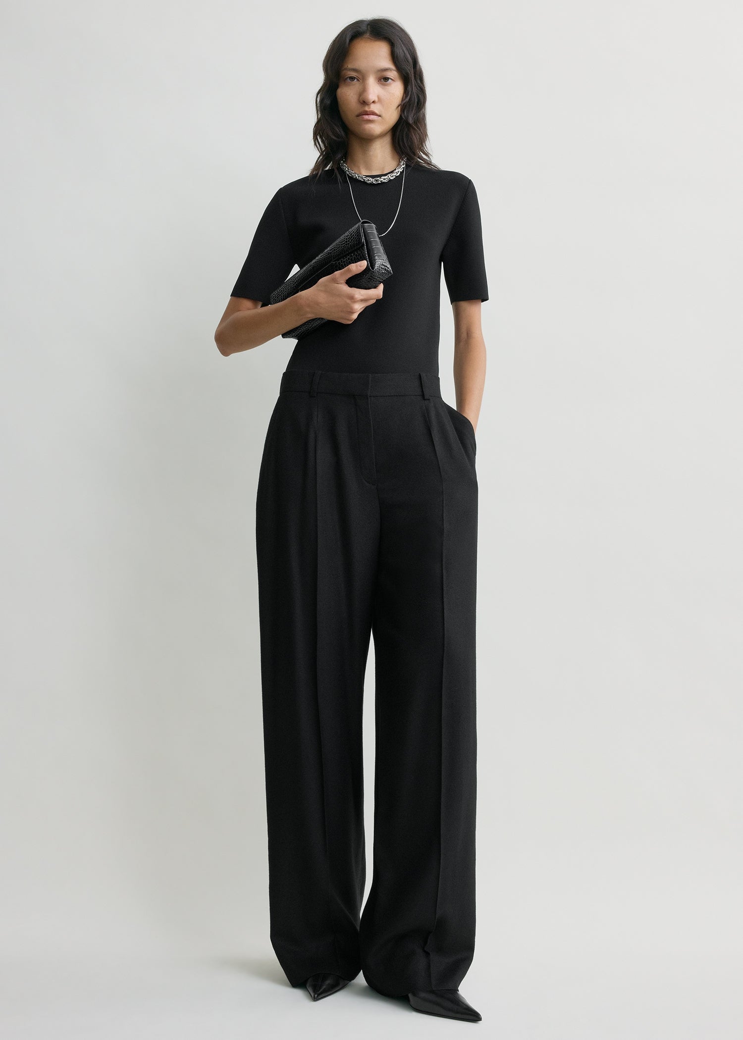 Wide flannel trousers black petite
