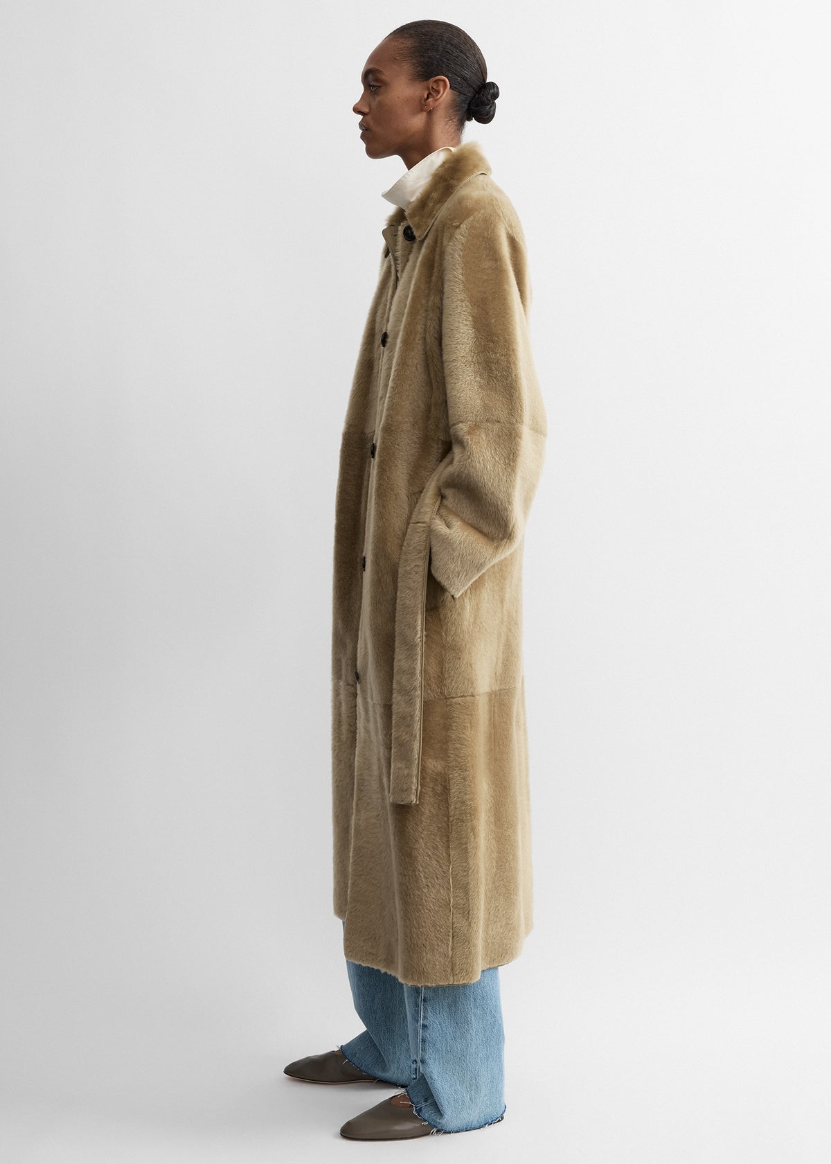 Belted shearling coat warm beige