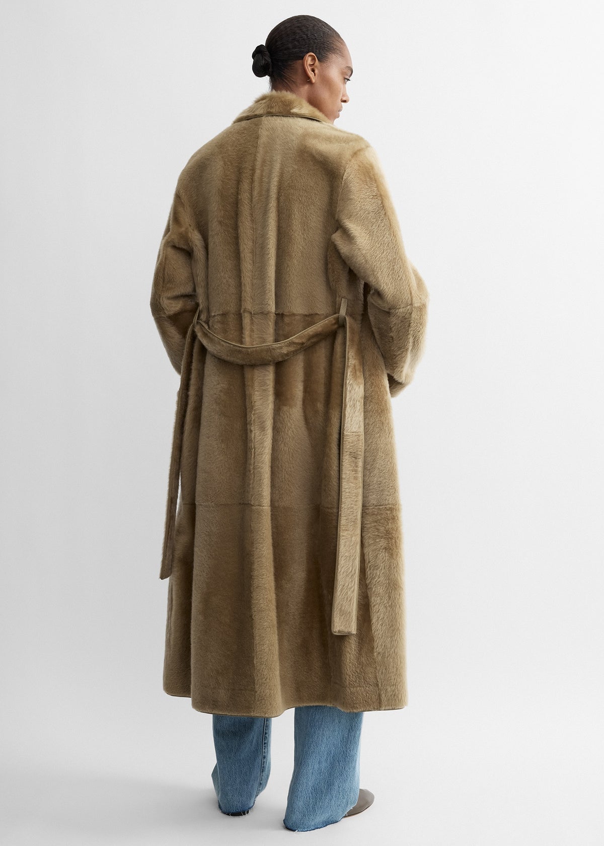Belted shearling coat warm beige