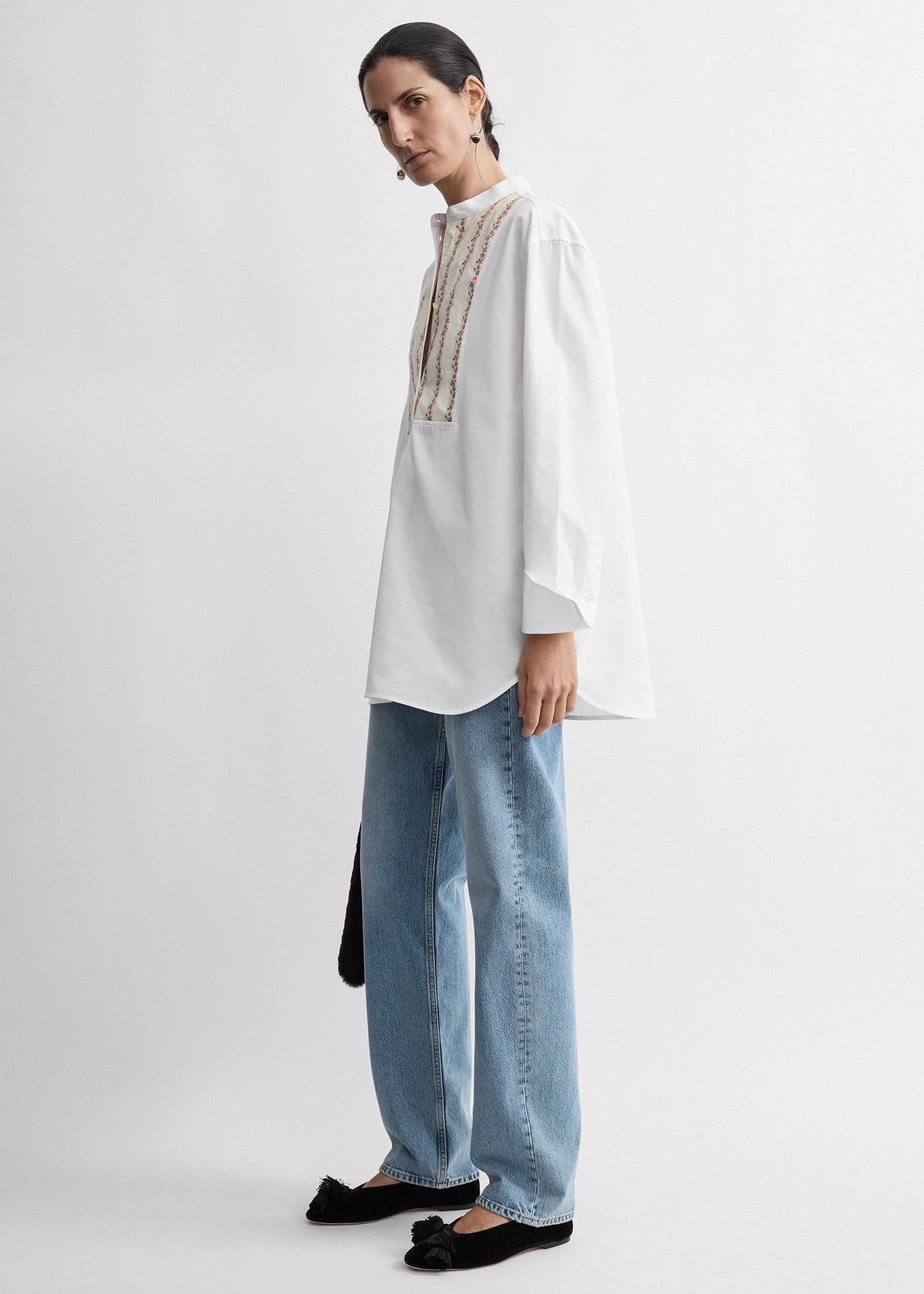 Floral bib tuxedo shirt white